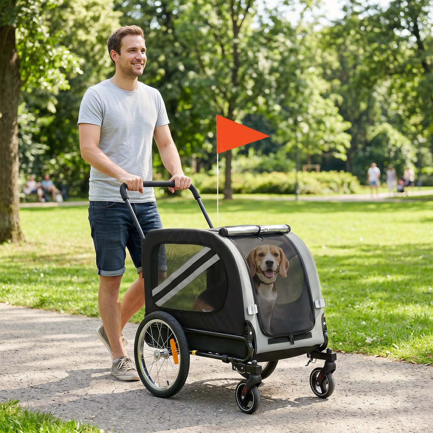 2-in-1 Dog Bike Trailer, Stroller With Reflectors Flag, Grey