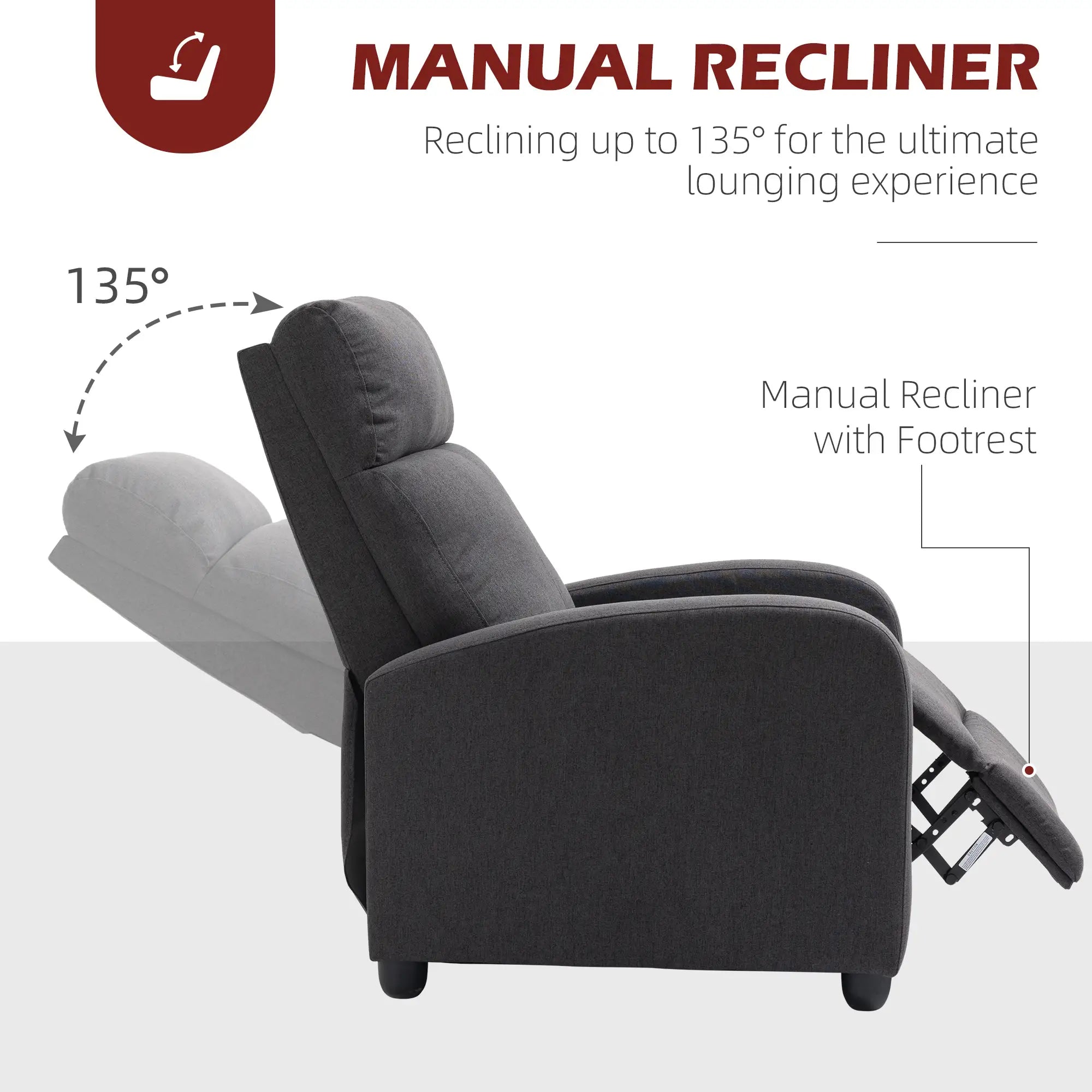 Manual Fabric Recliner Chair, Home Theater Seating, Dark Grey Single Sofas at Gallery Canada