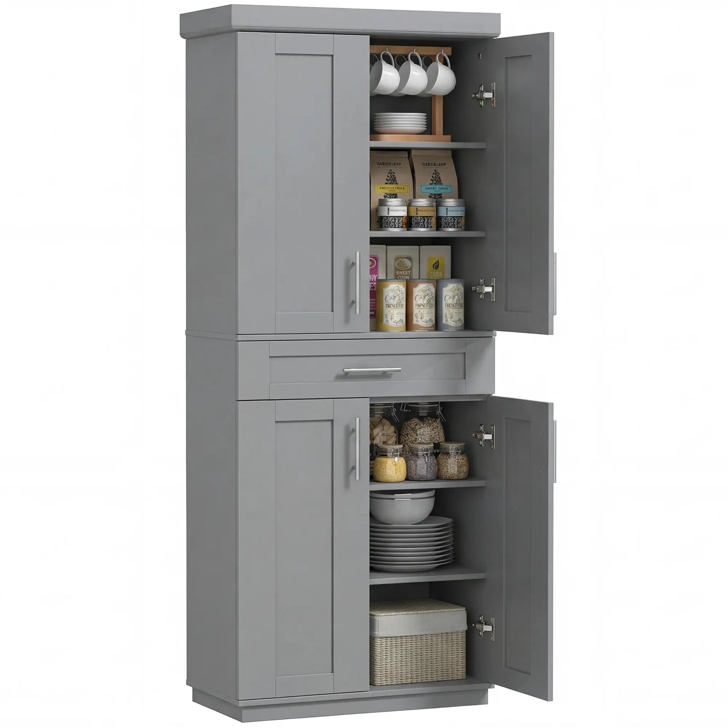 72" Storage Cabinet, Freestanding Kitchen Pantry Cabinet with 4 Doors, Drawer and 3 Adjustable Shelves, Grey Kitchen Pantry Cabinets at Gallery Canada