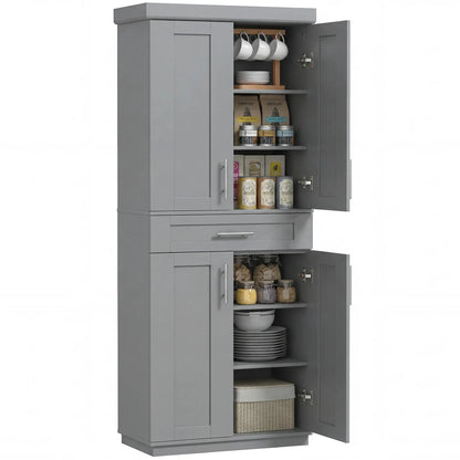 72" Storage Cabinet, Freestanding Kitchen Pantry Cabinet with 4 Doors, Drawer and 3 Adjustable Shelves, Grey Kitchen Pantry Cabinets at Gallery Canada