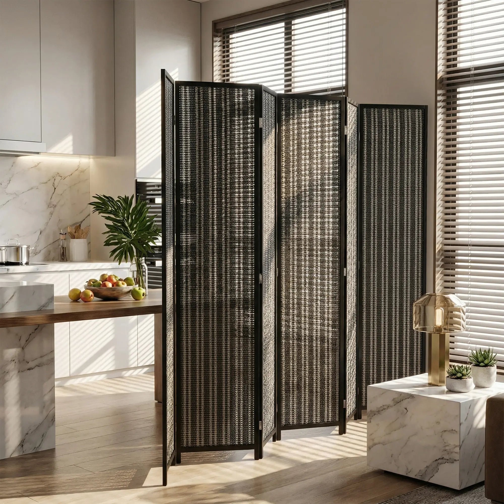 Folding Privacy Screen, 6 Panel Room Divider, Handwoven Bamboo, Black Room Dividers at Gallery Canada