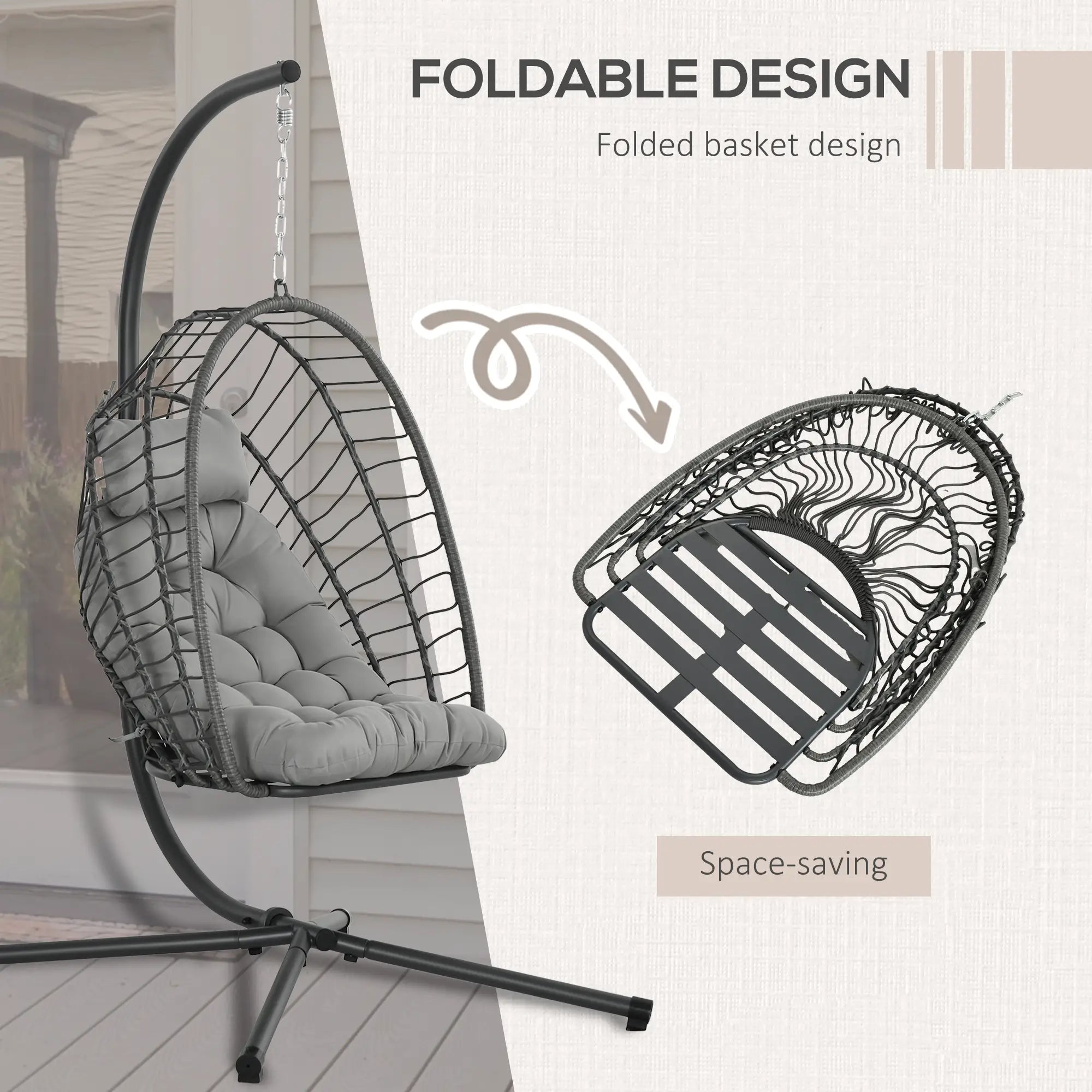 Hanging Egg Chair With Stand, Foldable Wicker Rattan Swing, Light Grey Patio Swings with Stand at Gallery Canada