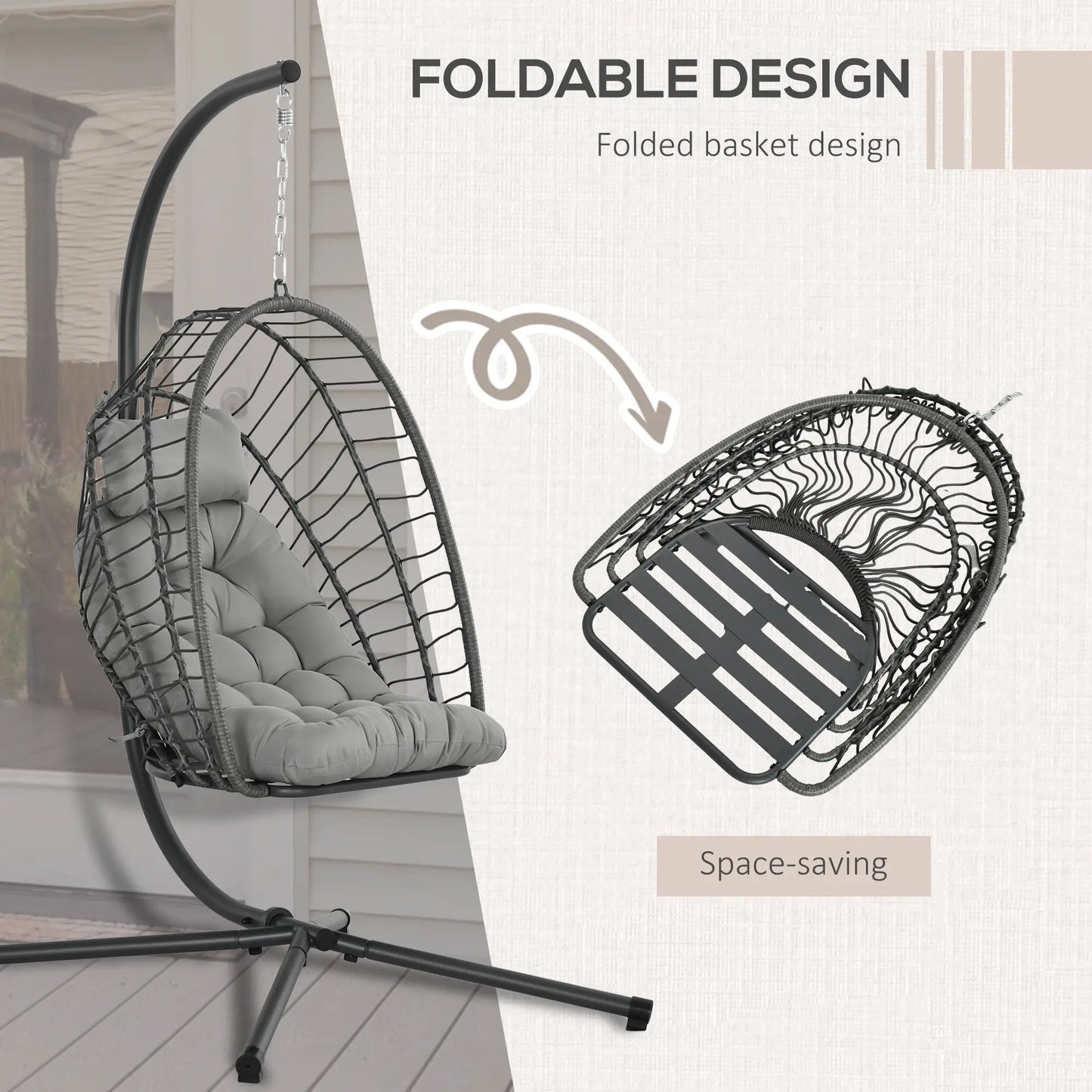 Hanging Egg Chair With Stand, Foldable Wicker Rattan Swing, Light Grey Patio Swings with Stand at Gallery Canada