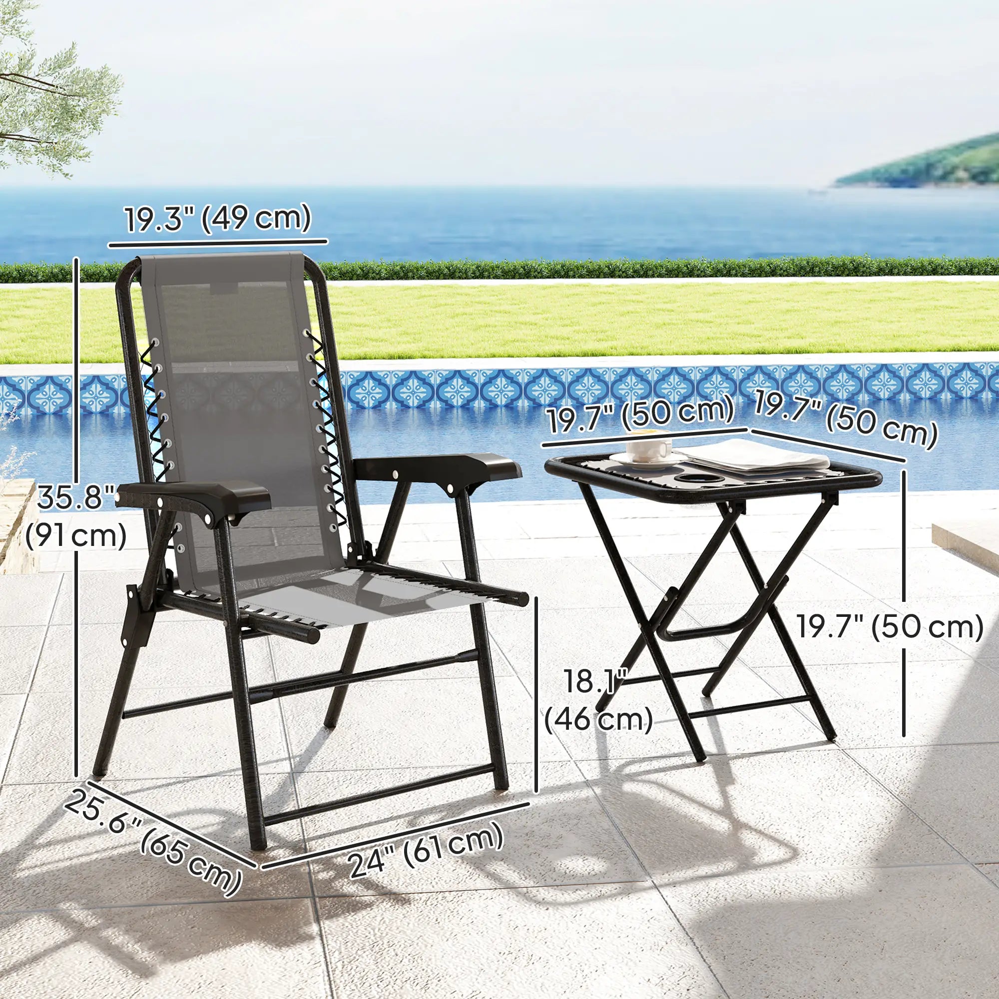 3 Piece Patio Bistro Set, Outdoor Folding Table And Chairs, Metal Furniture With Cup Holders Bistro Sets at Gallery Canada