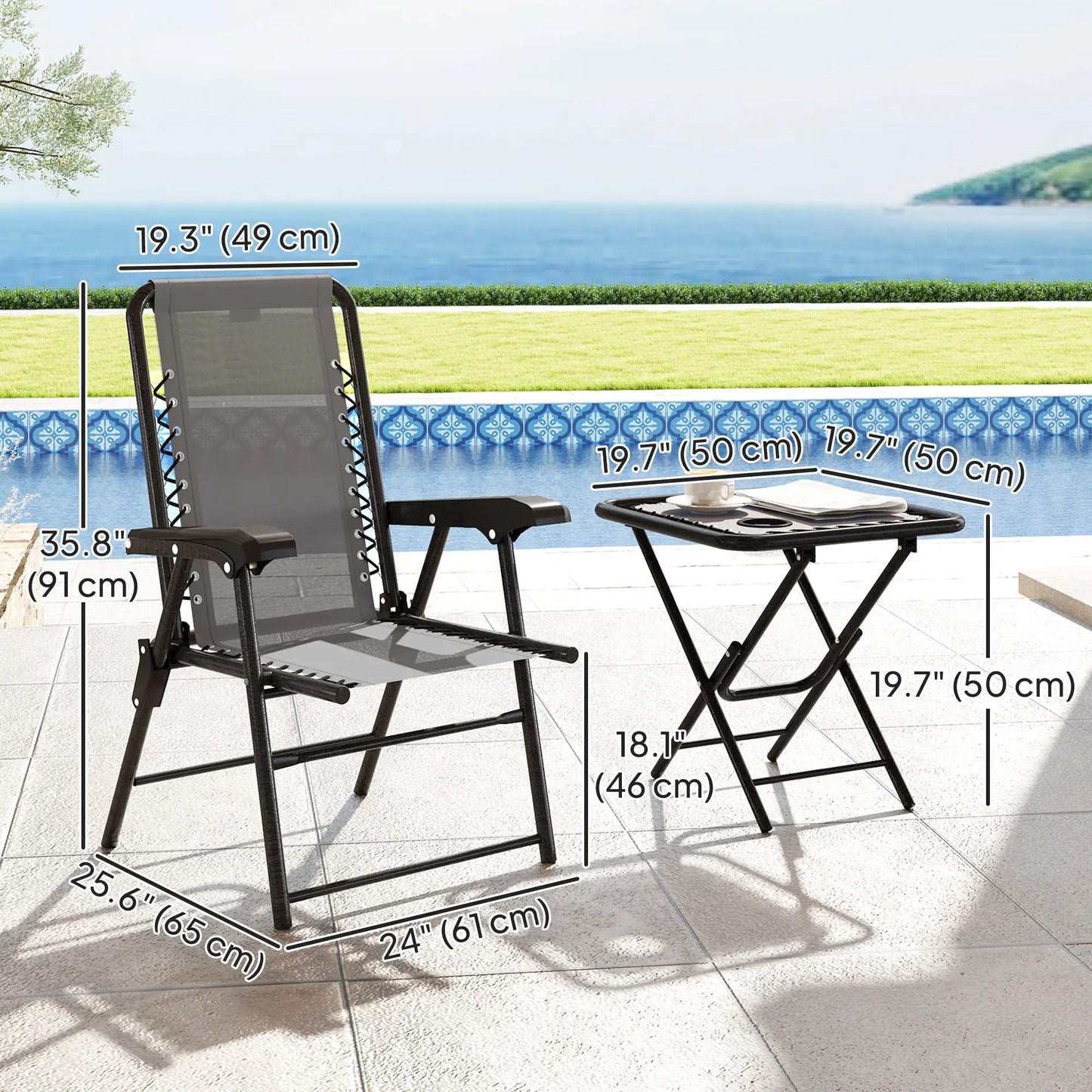 3 Piece Patio Bistro Set, Outdoor Folding Table And Chairs, Metal Furniture With Cup Holders Bistro Sets at Gallery Canada