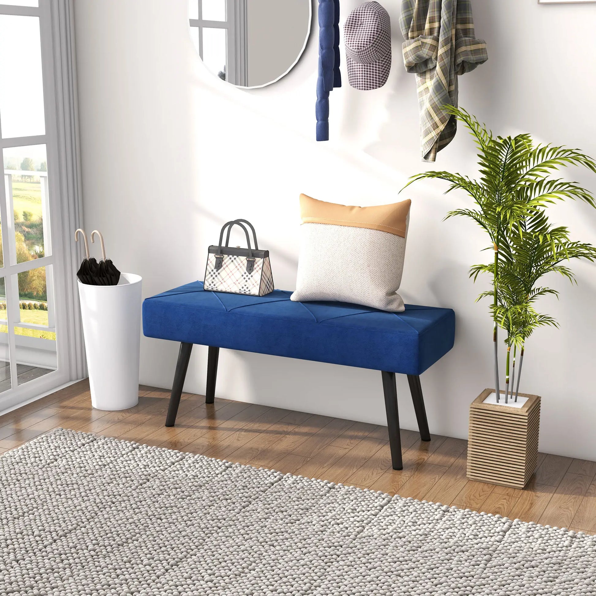 39 Inches Upholstered Bed Bench, Modern Steel Legs, Dark Blue Storage Ottomans & Benches at Gallery Canada