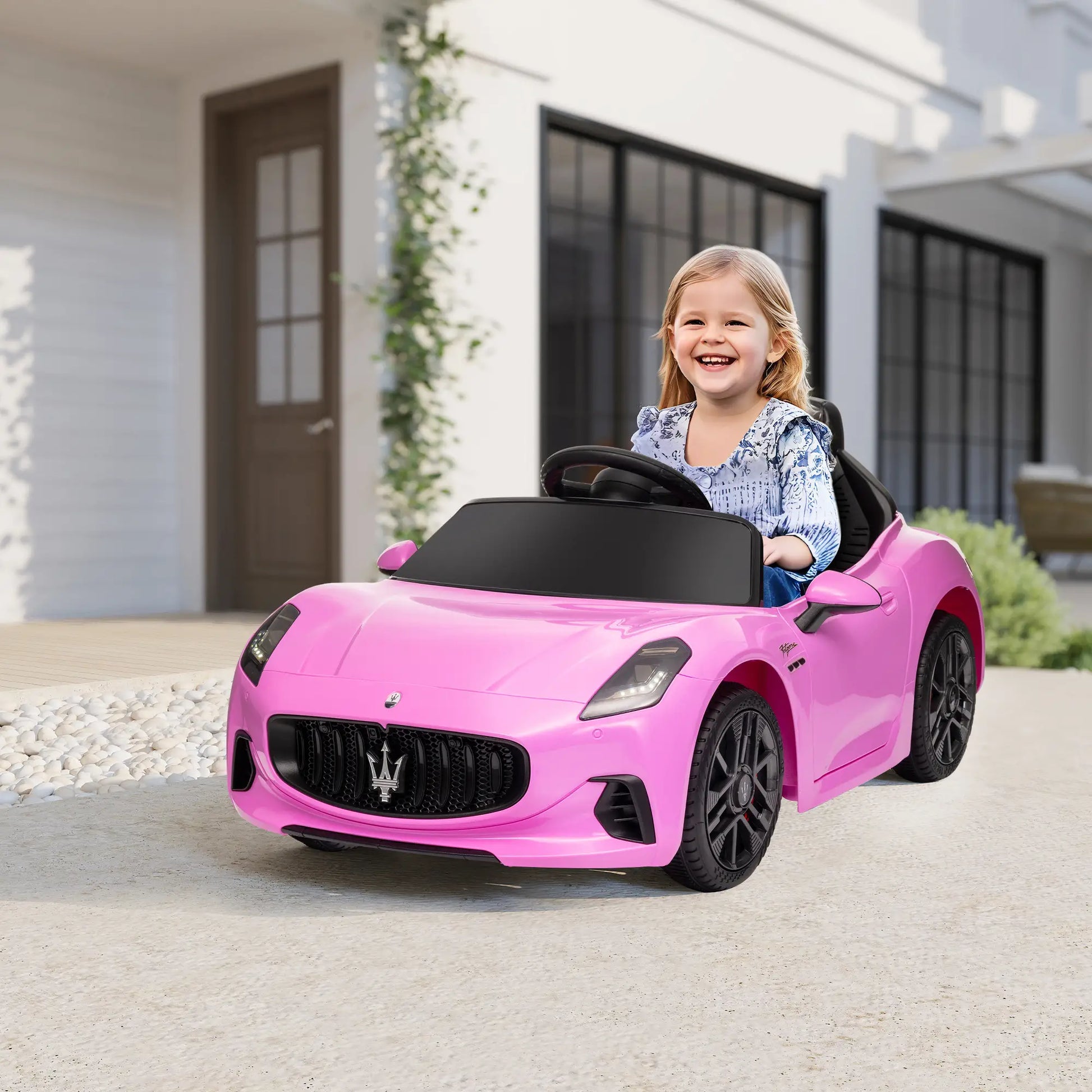 12V Maserati Gran Turismo Licensed Kids Electric Car w/ Remote Control, Soft Start, LED Lights, Music, Horn, MP3, Pink Electric Toy Cars at Gallery Canada