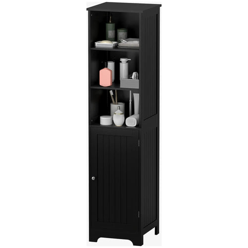 Tall Bathroom Storage Cabinet, Freestanding with Adjustable Shelf, 3 Open Shelves, Black