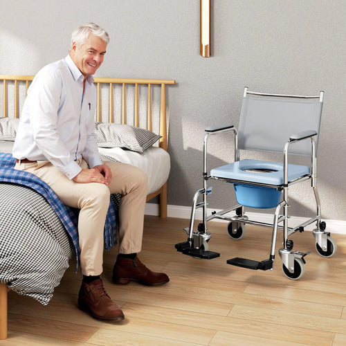Rolling Shower Chair, Bedside Commode Wheelchair, 300 Lbs, Black