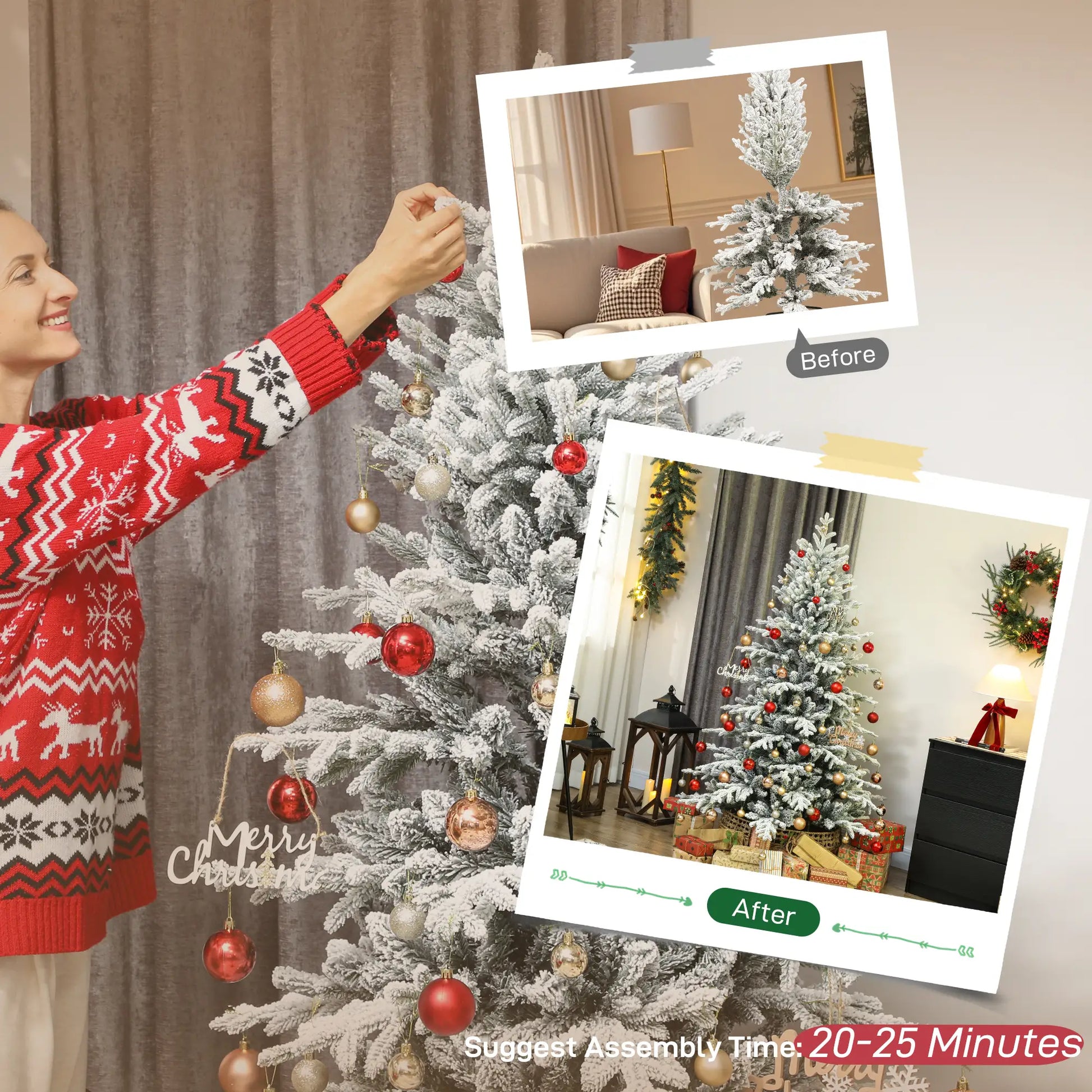 6ft Artificial Flocked Christmas Tree, Full Snow Pine, Hinged with Metal Stand Artificial Christmas Trees at Gallery Canada