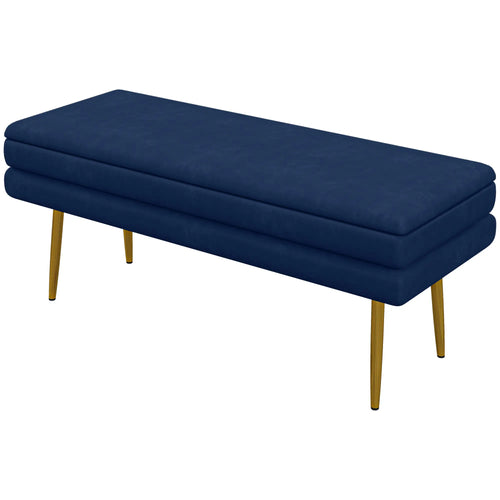 Velvet Upholstered Bench, Thick Padded Seat, Steel Legs, Dark Blue