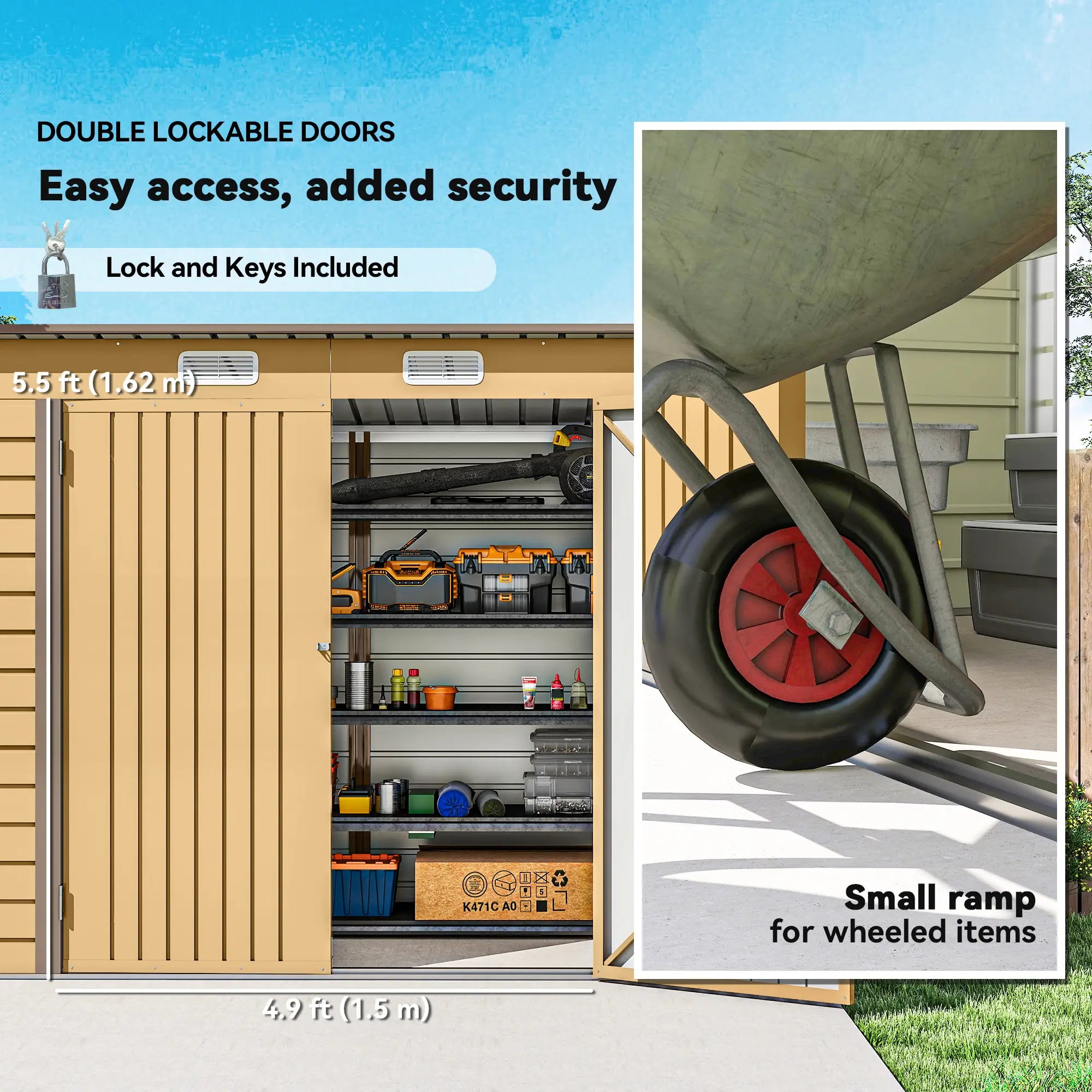 8 x 4FT Galvanized Metal Garden Storage Shed, Double Doors, 2 Vents, Yellow Sheds at Gallery Canada