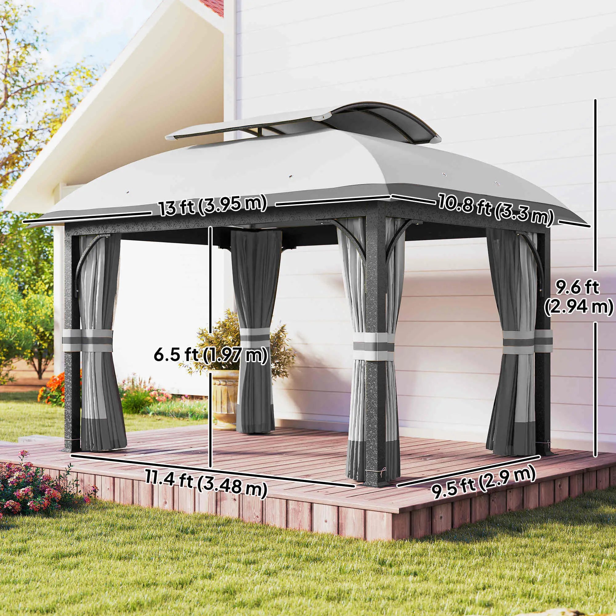 11' x 13' Patio Gazebo, Double Roof Canopy with Netting, Light Grey Gazebos at Gallery Canada