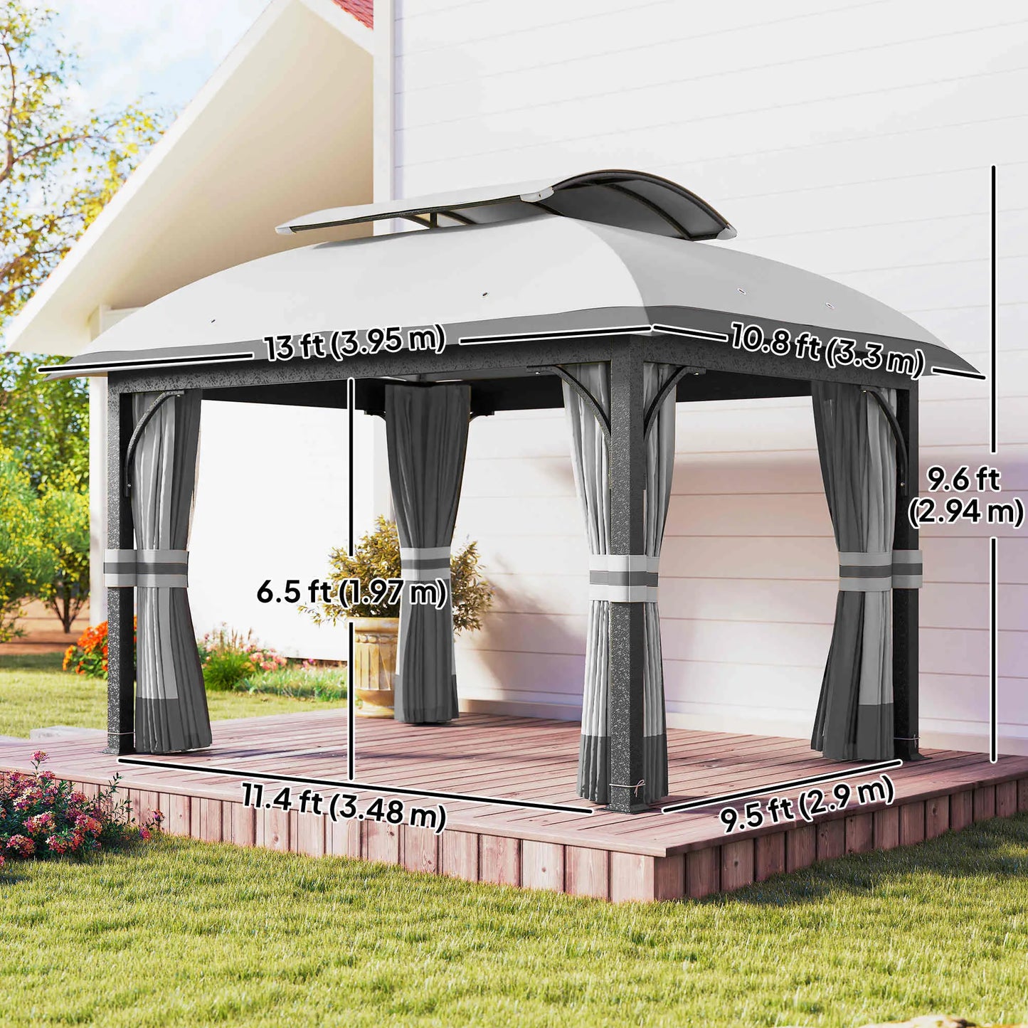 11' x 13' Patio Gazebo, Double Roof Canopy with Netting, Light Grey Gazebos at Gallery Canada