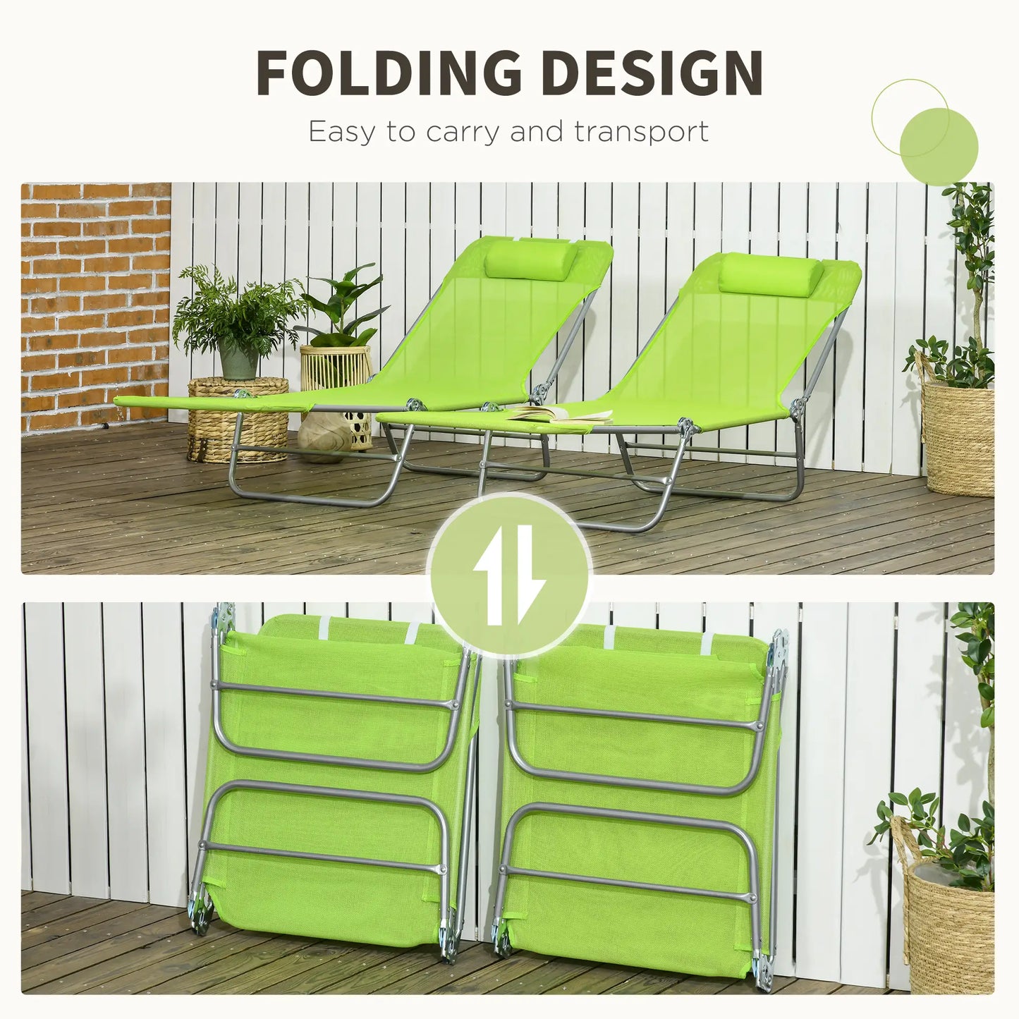 Set of 2 Folding Chaise Lounge Chairs, Outdoor, Reclining, Green Lounger Chairs at Gallery Canada