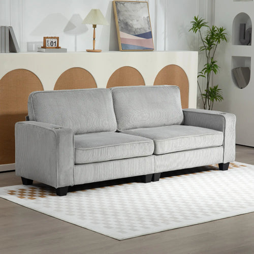 Three Seater Sofa, Fabric Couch with Spring Cushion, Cup Holders, Light Grey