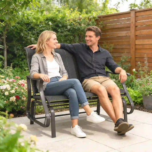 Garden Double Gliding Chair, Steel Frame, Mesh Seat Backrest, Black