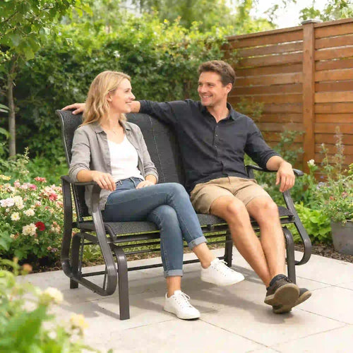 Garden Double Gliding Chair, Steel Frame, Mesh Seat Backrest, Black