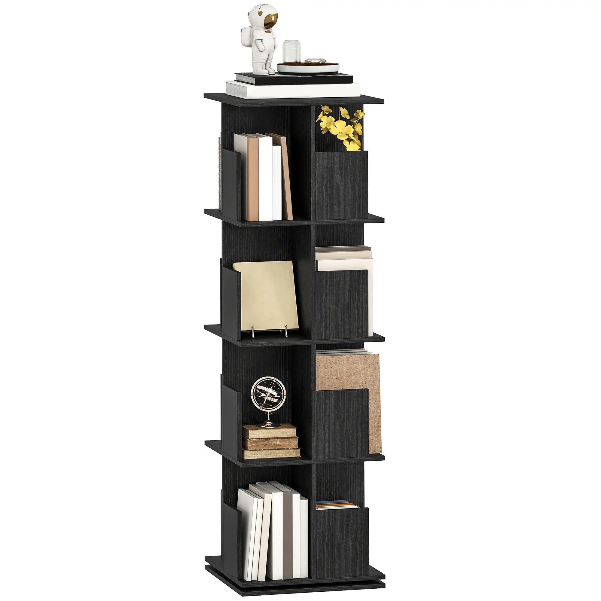 360° Rotating Bookcase, 4 Tier Bookshelf with 16 Cubbies, Black Wood Grain, Black Display Bookshelves at Gallery Canada