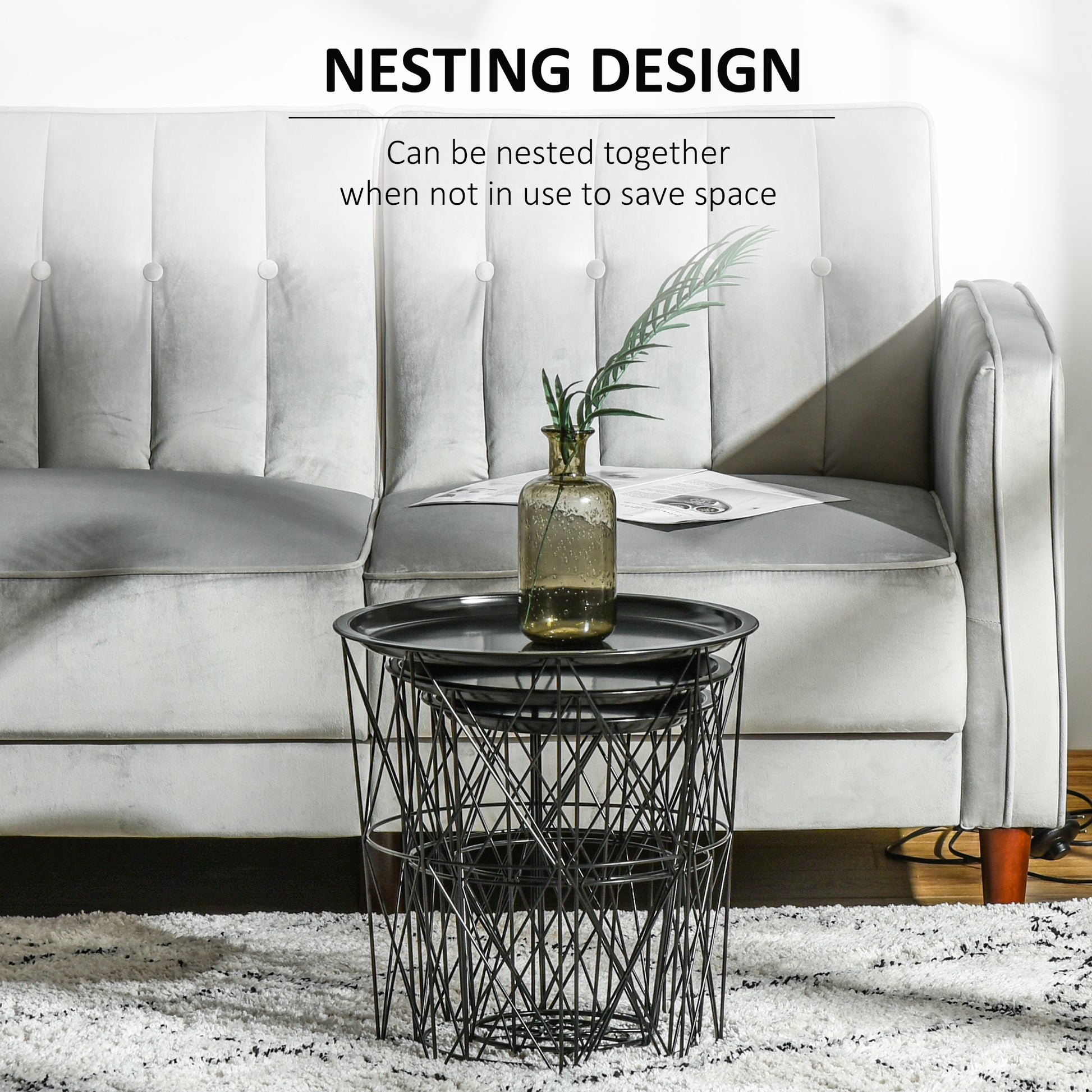 Set of 3 Nesting Coffee Tables with Storage, Round End Table with Removable Tray, Basket Side Tables with Metal Frame for Living Room, Black Side Tables at Gallery Canada