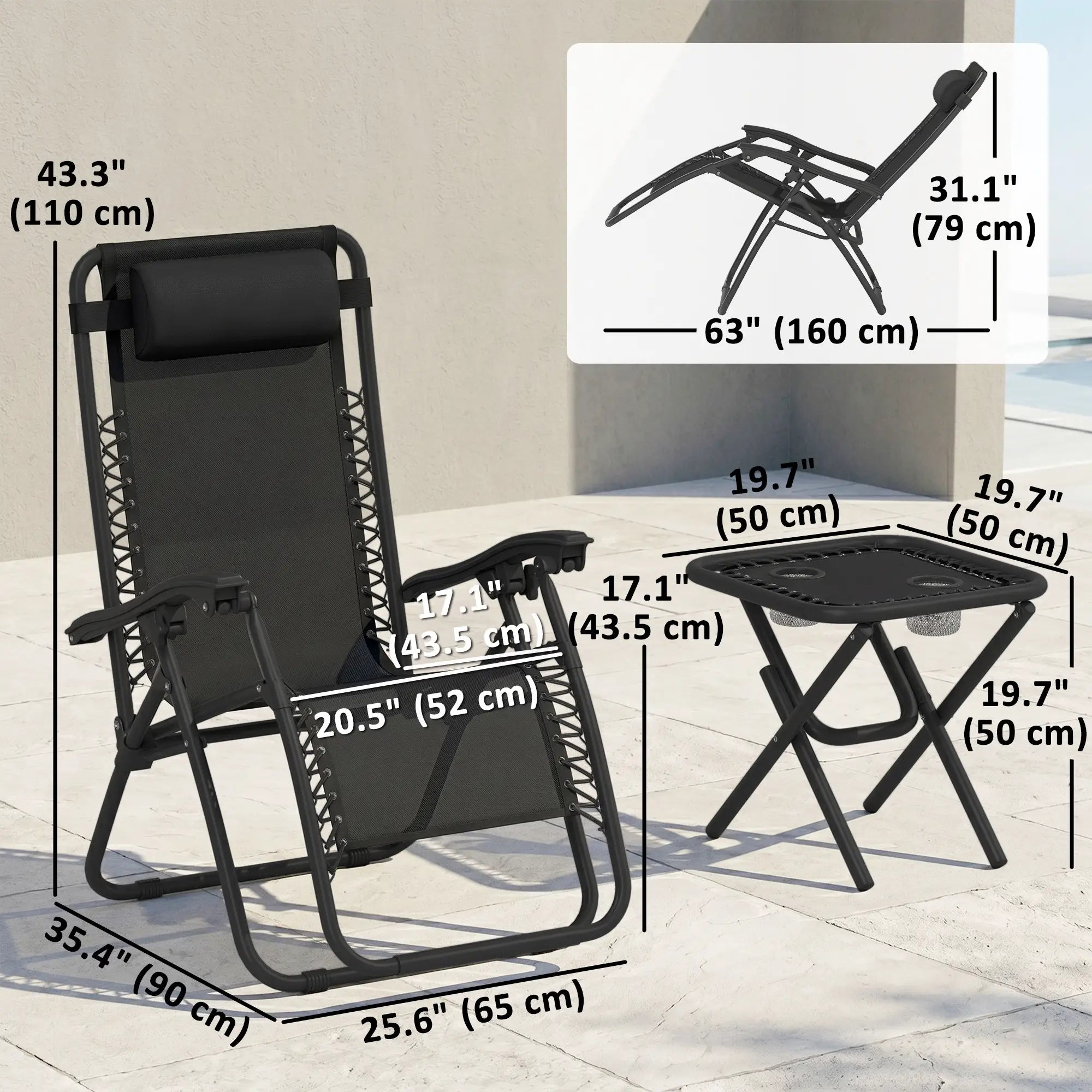 Zero Gravity Chair Set of 2, Patio Chair with Side Table, Black Lounger Chairs at Gallery Canada