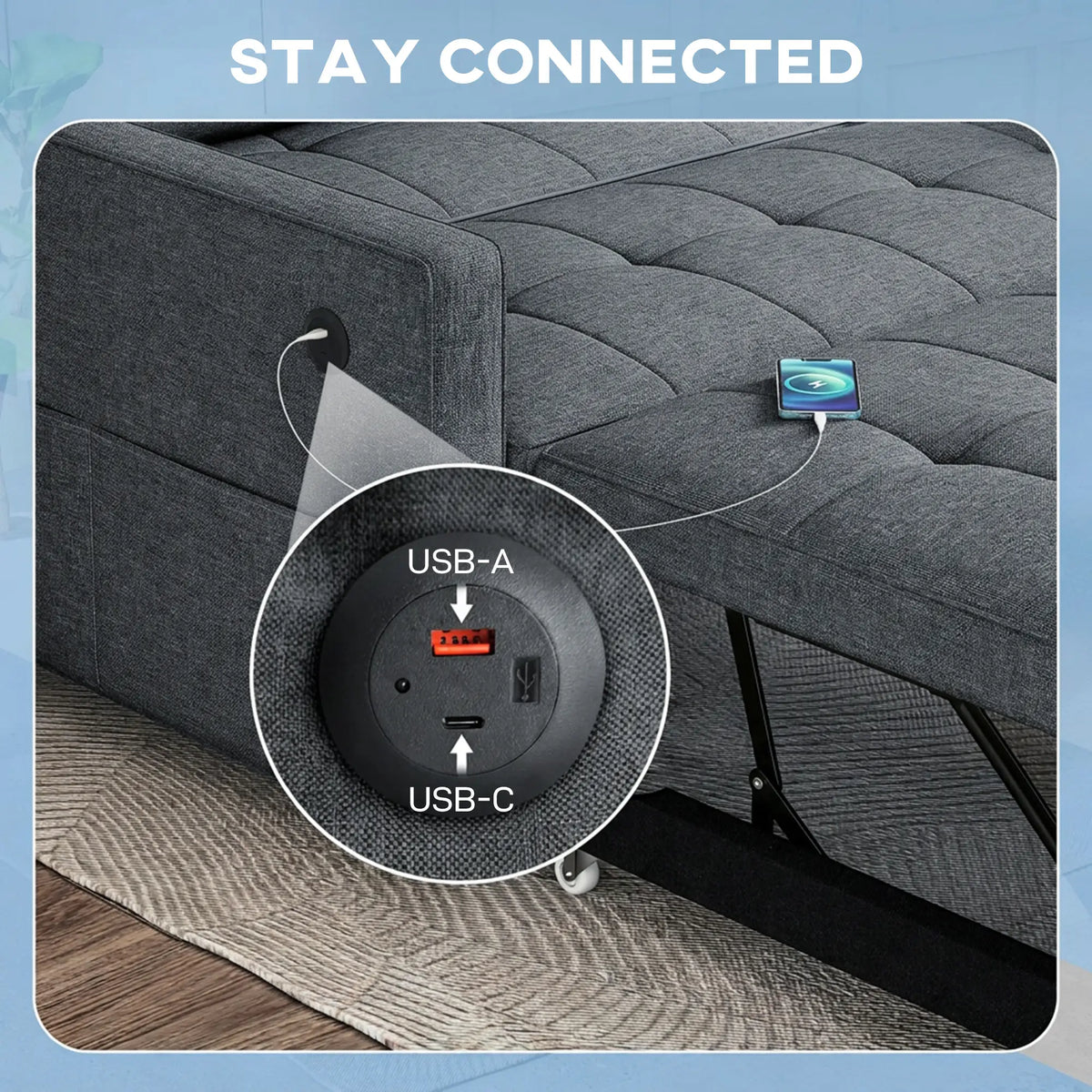 Pull Out Sofa Bed With USB Ports, Linen Loveseat Futon, Dark Grey 2-Seater Sofas at Gallery Canada