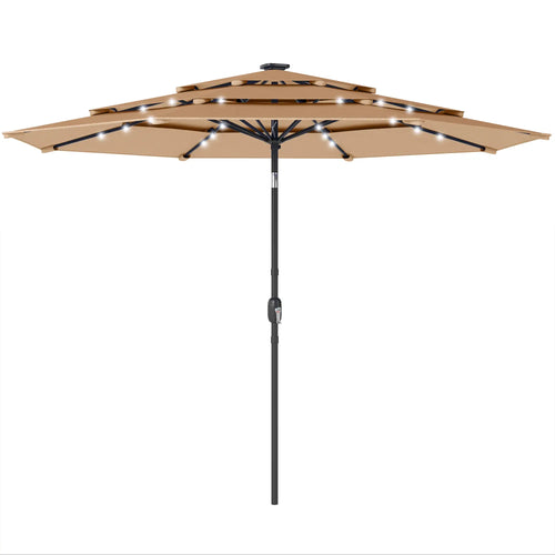 9.3 ft Patio Umbrella With Solar LED Lights, Cover, Tilt, Crank, Khaki