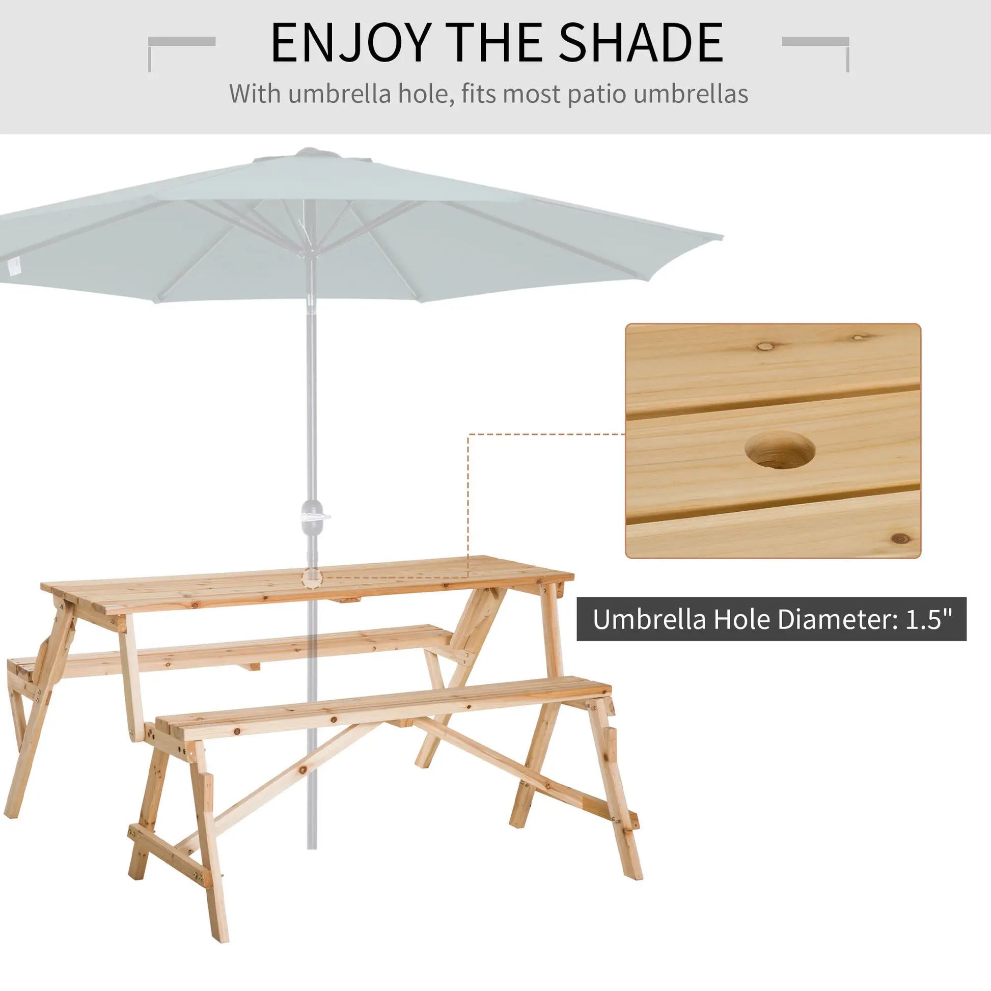 Wooden Folding Picnic Table with Benches, Outdoor Convertible Patio Garden Bench, Umbrella Hole Outdoor Dining Sets at Gallery Canada