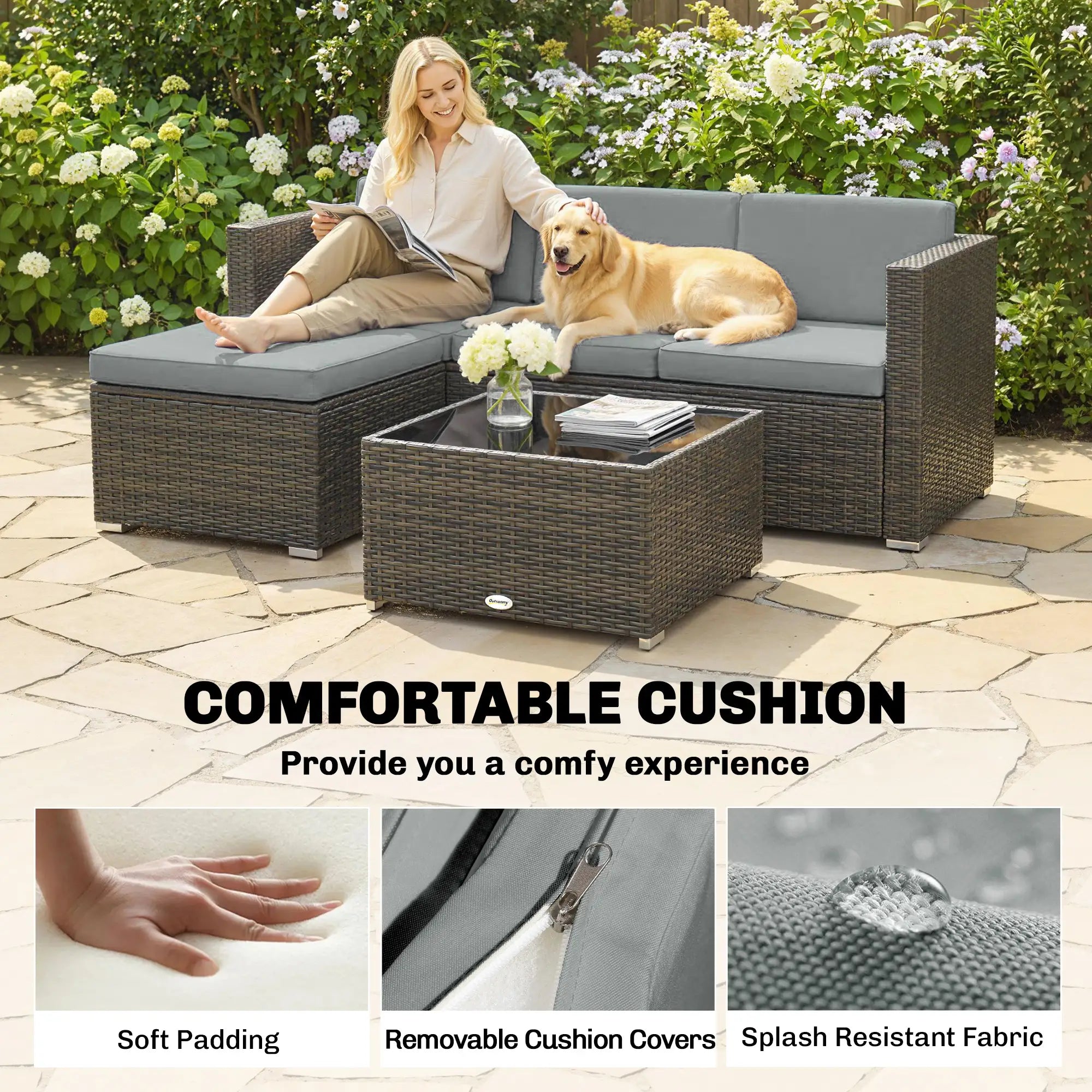 3-Piece Patio Furniture Set With Cushions, Outdoor Rattan Sofa With Glass Table Patio Furniture Sets at Gallery Canada