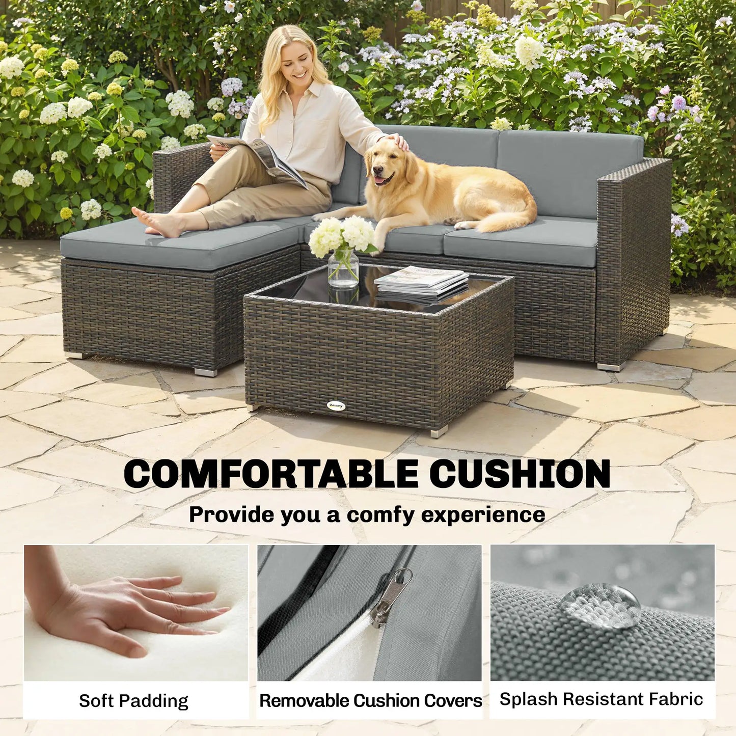 3-Piece Patio Furniture Set With Cushions, Outdoor Rattan Sofa With Glass Table Patio Furniture Sets at Gallery Canada