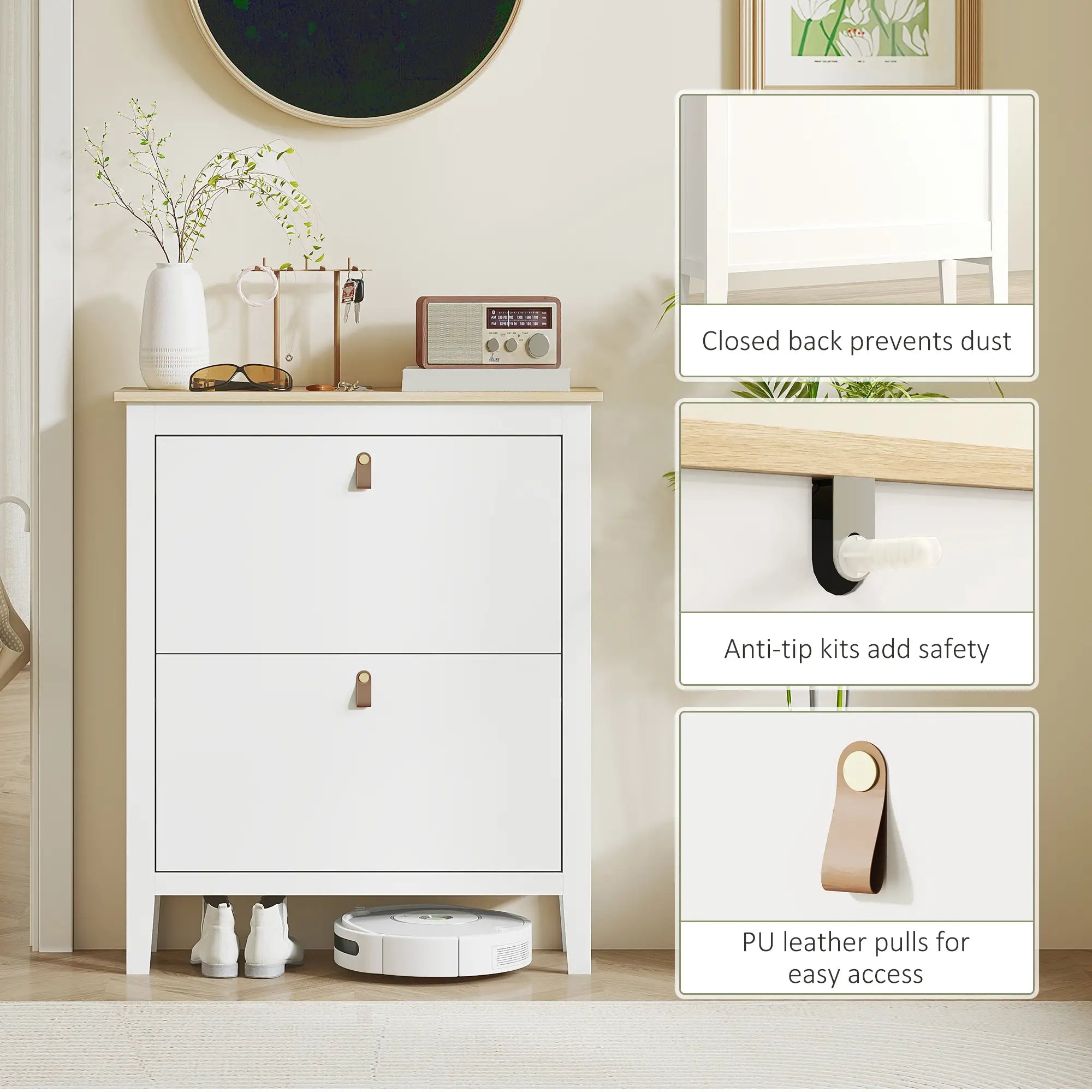 Narrow Shoe Cabinet, 2 Flip Drawers, Adjustable Shelves, Holds 10-14 Pairs, White Shoe Storage Cabinets & Racks at Gallery Canada