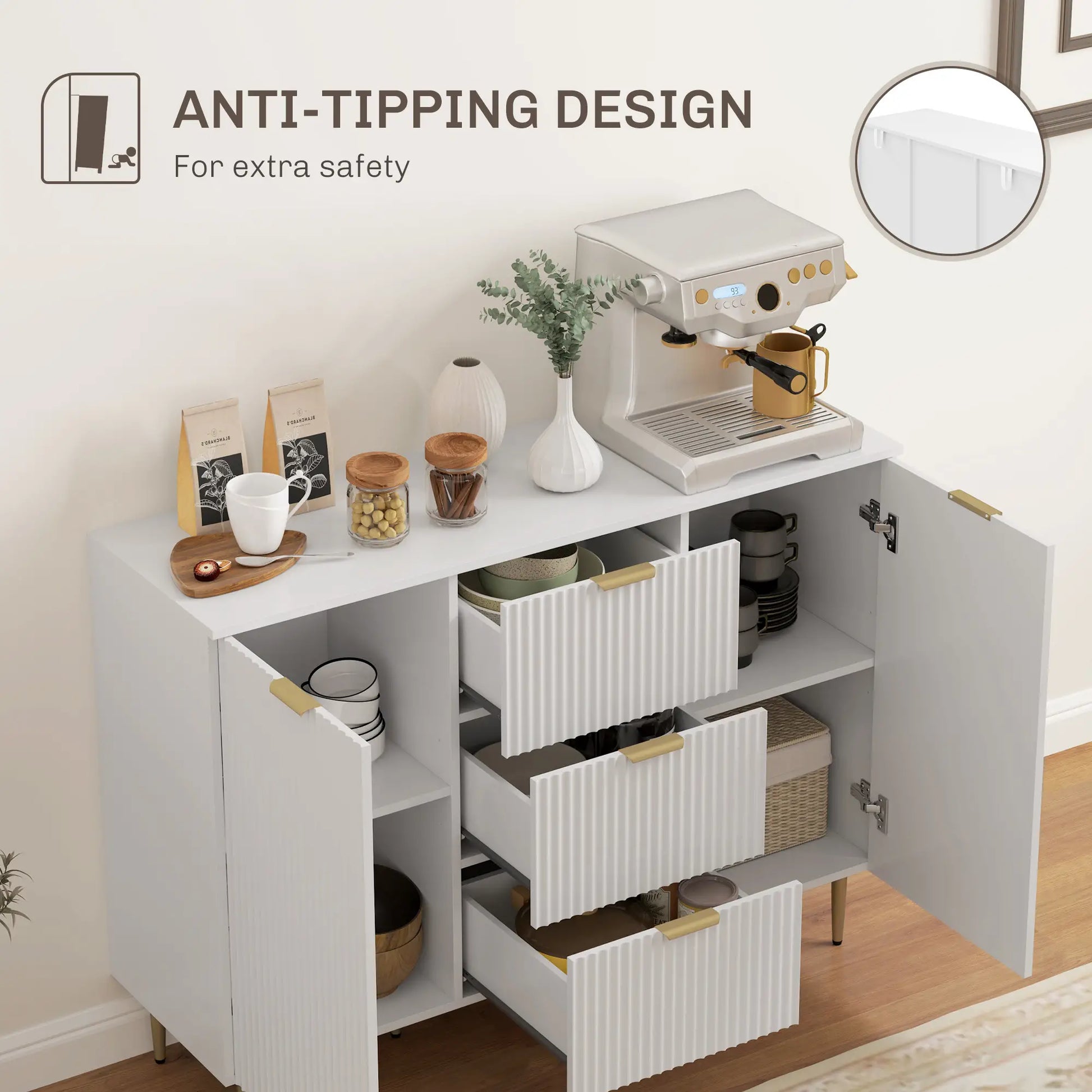 Modern Kitchen Storage Cabinet, 3 Drawers, Adjustable Shelves, White Bar Cabinets at Gallery Canada