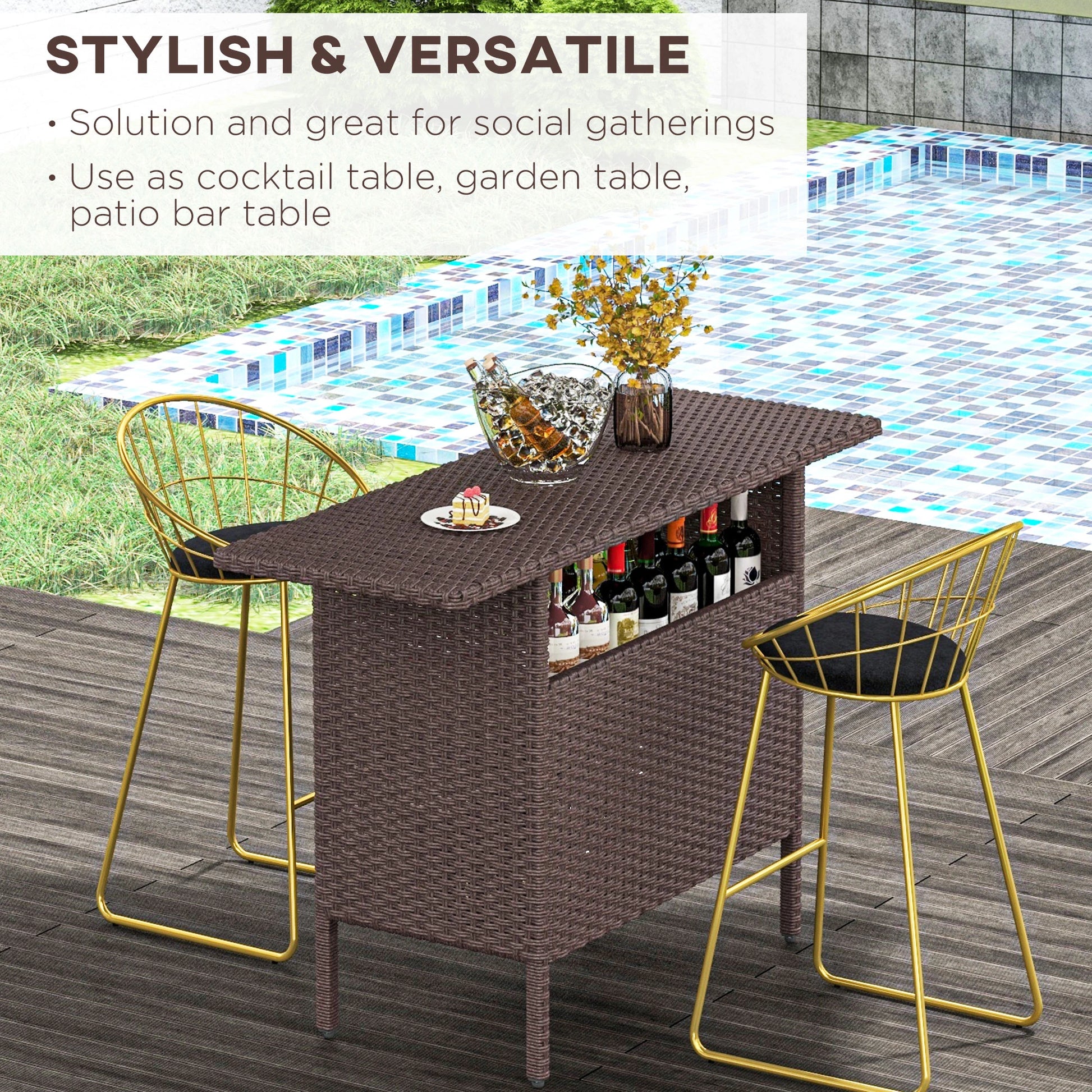 Outdoor Rattan Bar Table, 55.1" x 18.5" x 37", 2 Storage Shelves, Brown Bistro Sets at Gallery Canada
