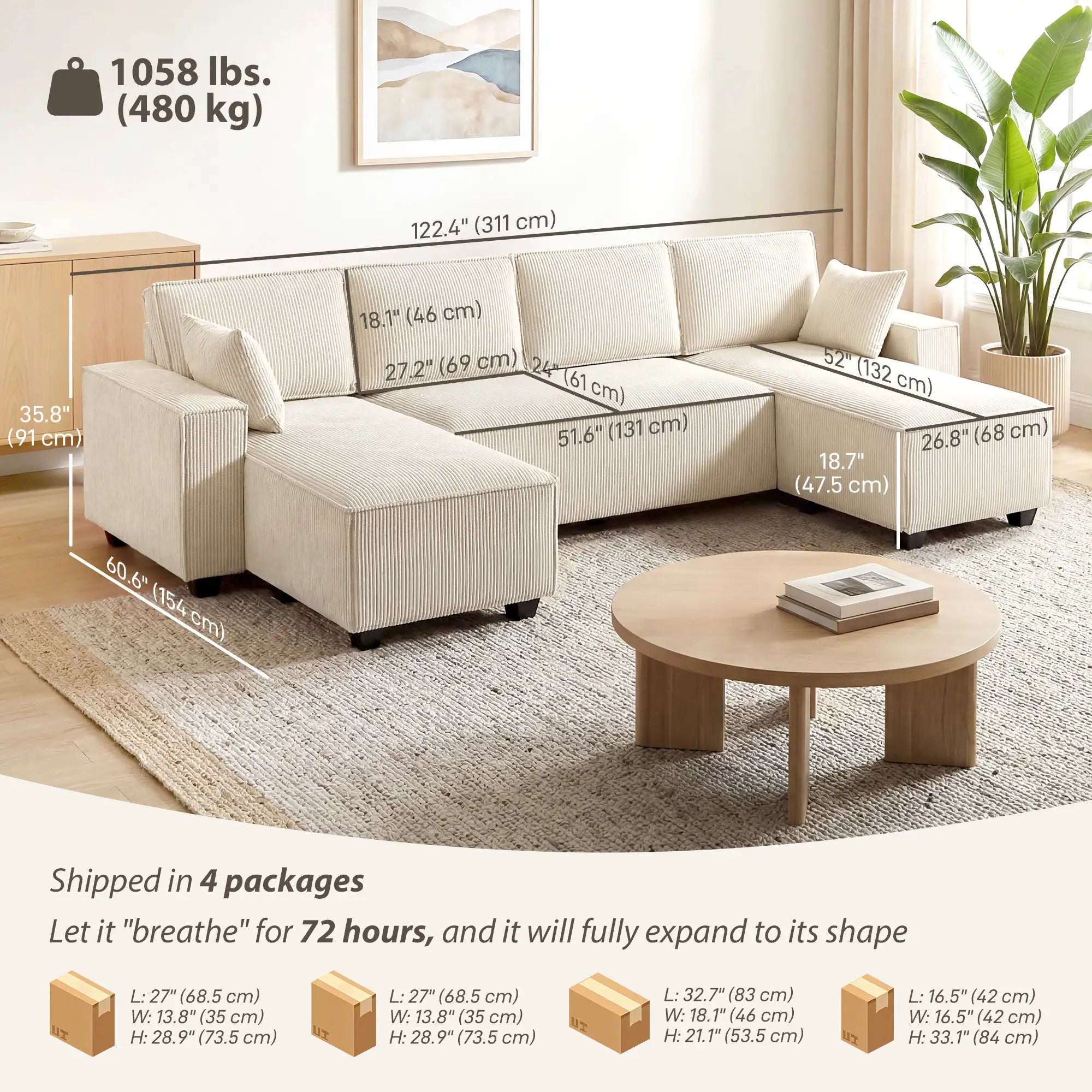 Modular U Shaped Sectional Sofa, Double Chaises, Spring Cushions, Beige L Shaped Couchs at Gallery Canada