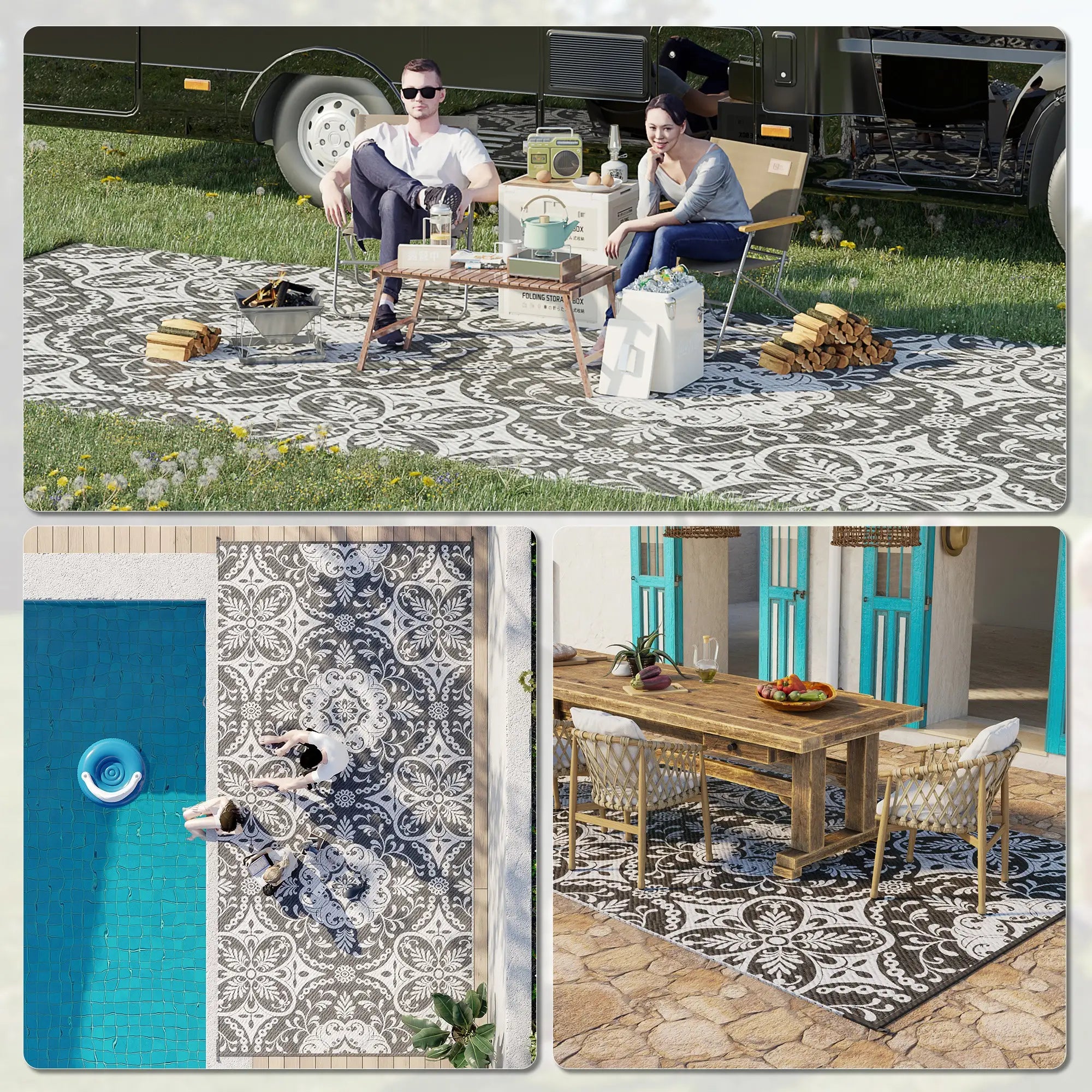Portable Outdoor Rug with Carry Bag, 9' x 18', Waterproof, White Flower, Gray Outdoor Reversible Rugs at Gallery Canada