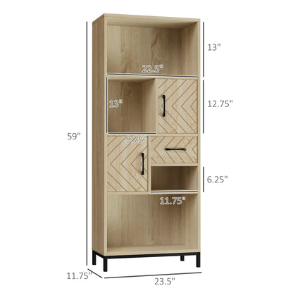 59" Bookcase, Storage Bookshelf with Cabinets, Drawer, Open Compartments, Nature Wood Bookcases With Doors at Gallery Canada