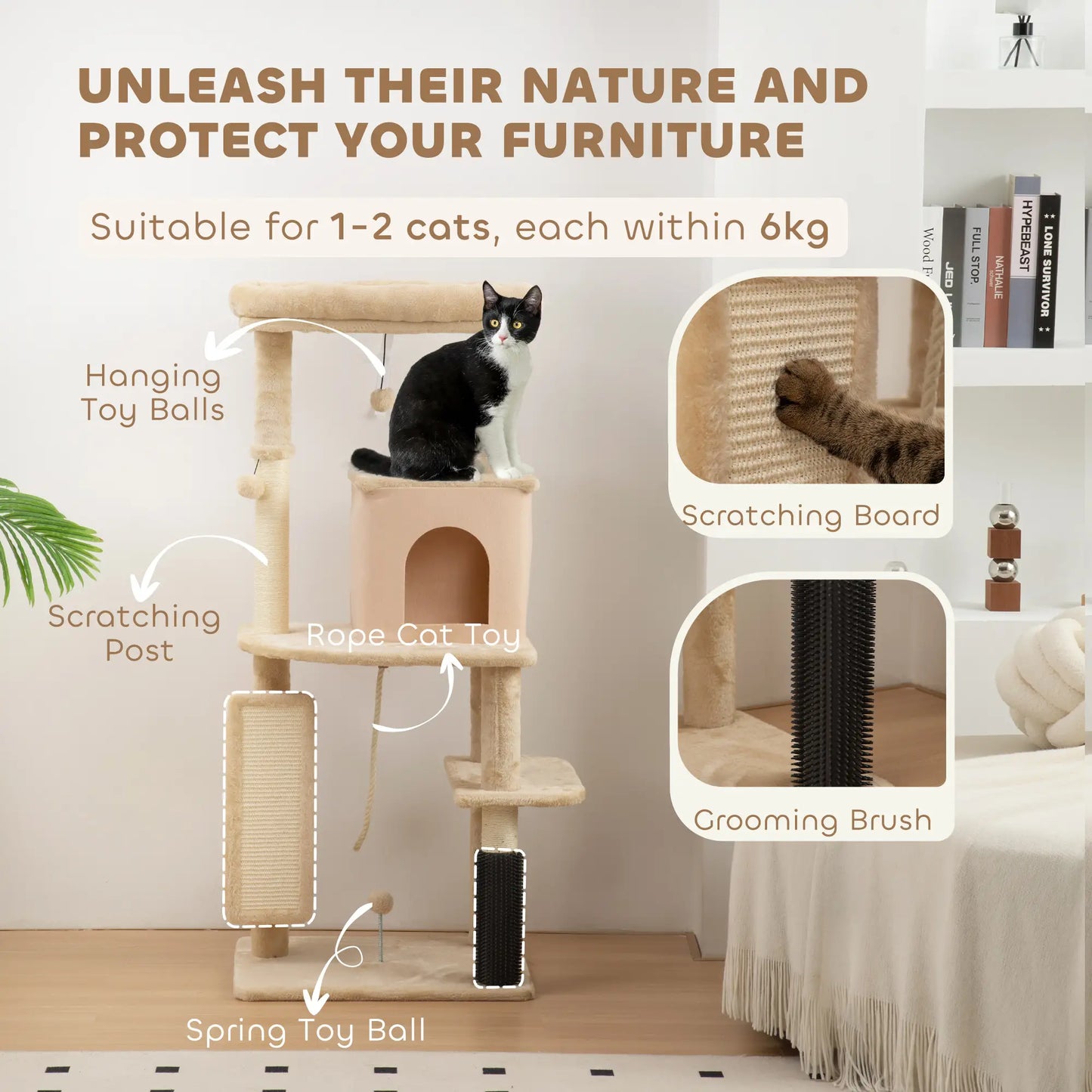52 Inch Cat Tree with Scratching Posts, Bed, Condo, Grooming Brush Cat Towers at Gallery Canada
