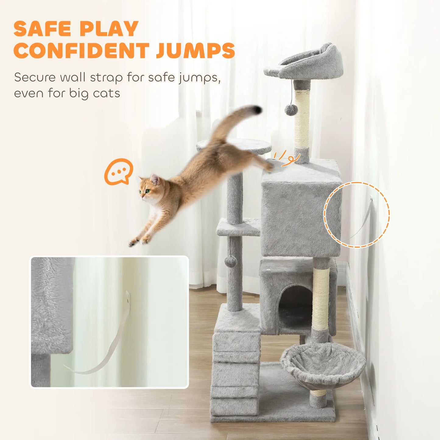 63 Inch Cat Tree, Sisal Scratching Posts, Condos, Plush Perches, Hammock, Ladder, Dangling Balls, Light Grey Cat Towers at Gallery Canada