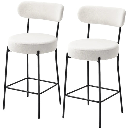 Set of 2 Barstools, Upholstered with Backrest, Footrest, Cream White