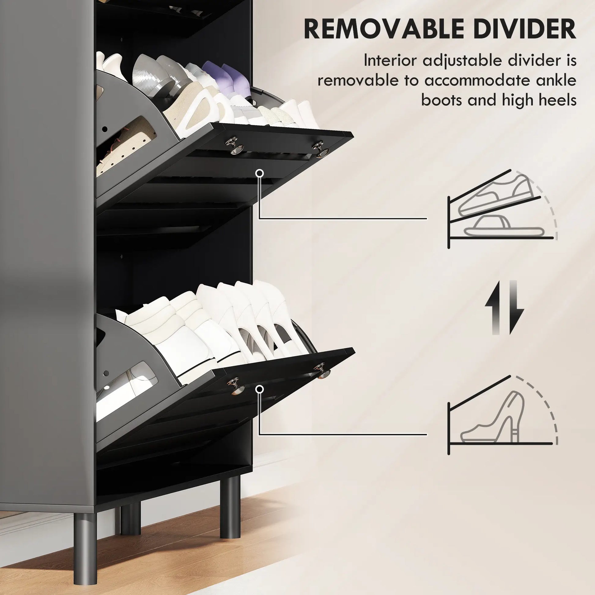 Narrow Shoe Storage Cabinet, 3 Flip Drawers, Adjustable Shelves, 24 Pairs, Black Shoe Storage Cabinets & Racks at Gallery Canada