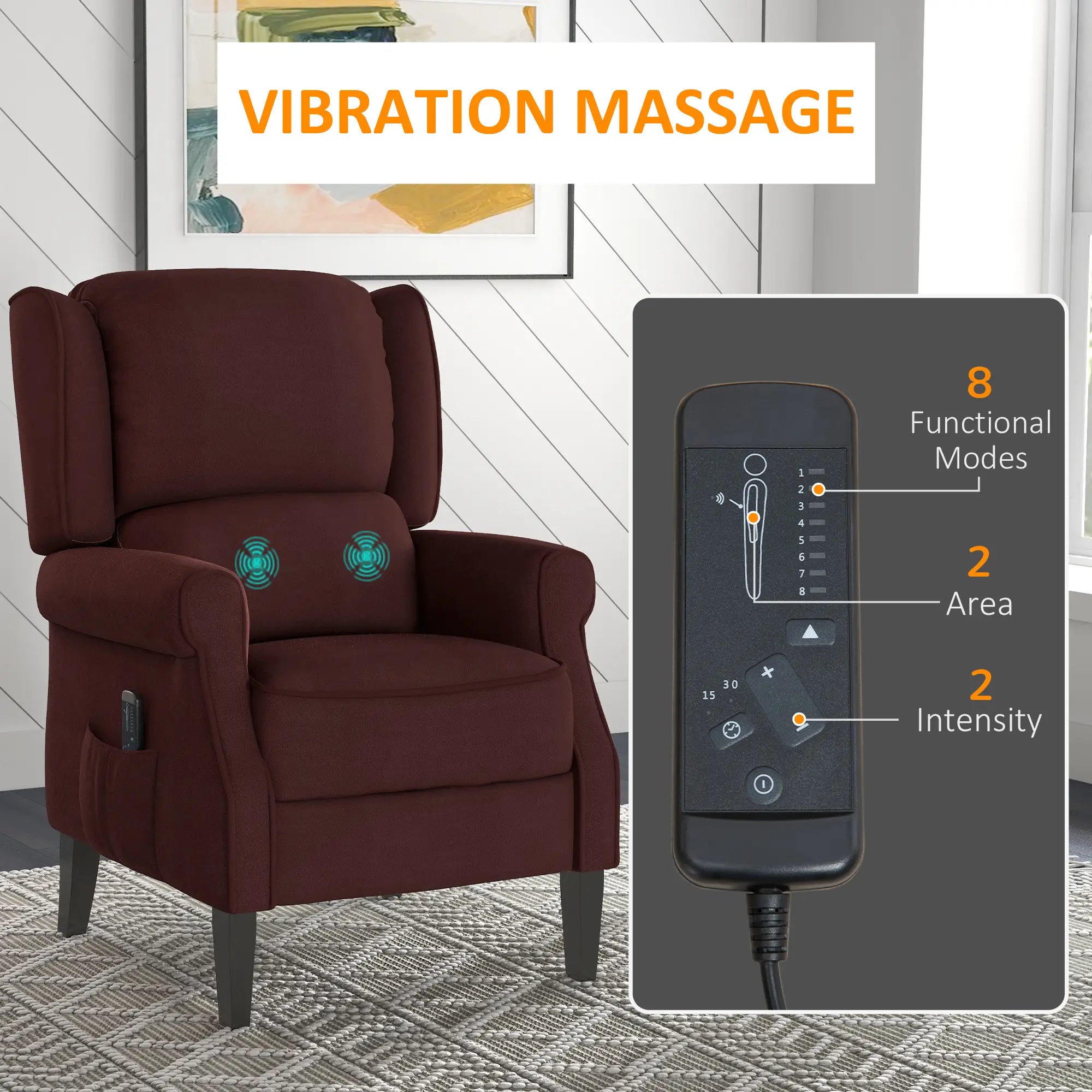 Push Back Recliner Chair, Vibration Massage, Extendable Footrest, Remote, Brown Single Sofas at Gallery Canada