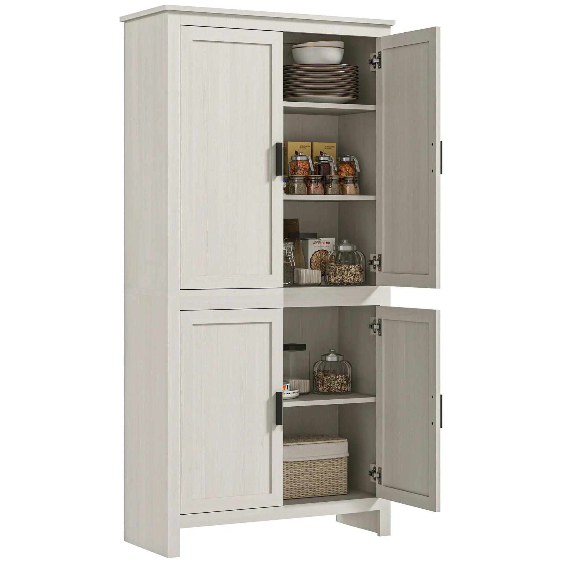 64" Kitchen Pantry Cabinet, 4 Doors, 3 Adjustable Shelves, Antique White, White Kitchen Pantry Cabinets at Gallery Canada