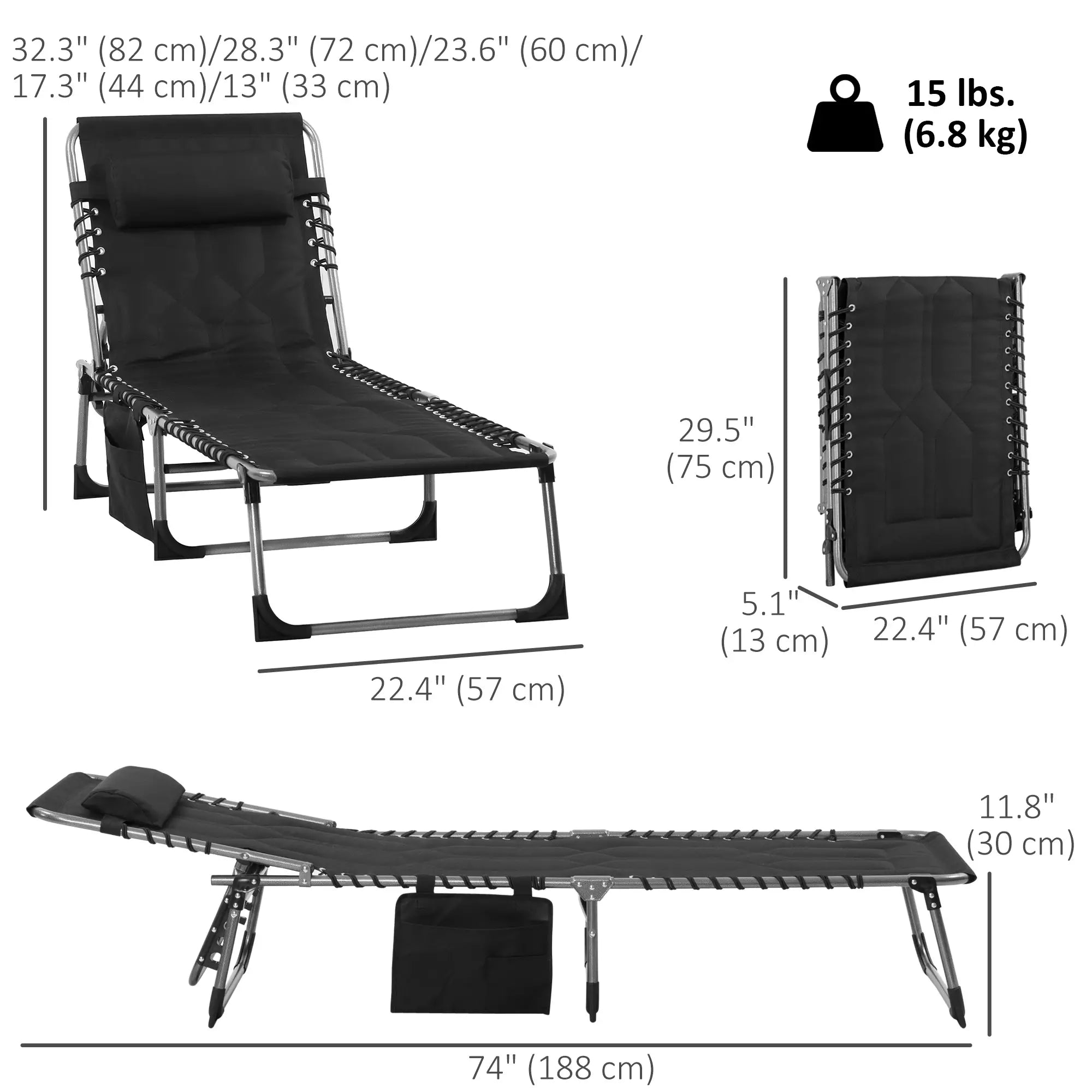 Folding Chaise Lounge Chair, Outdoor Padded Reclining, Adjustable Backrest, Black Lounger Chairs at Gallery Canada