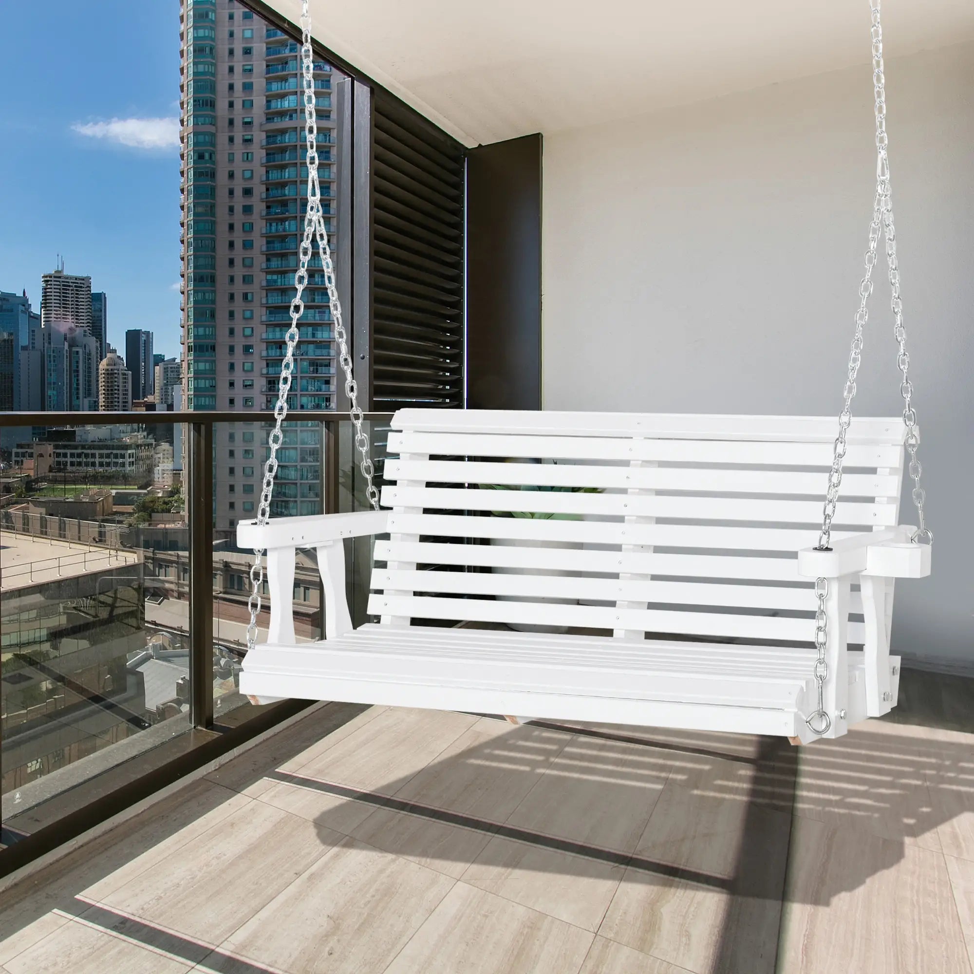2 Seater Wooden Porch Swing, Outdoor Patio Chair with Cup Holder, White Hanging Porch Swings at Gallery Canada