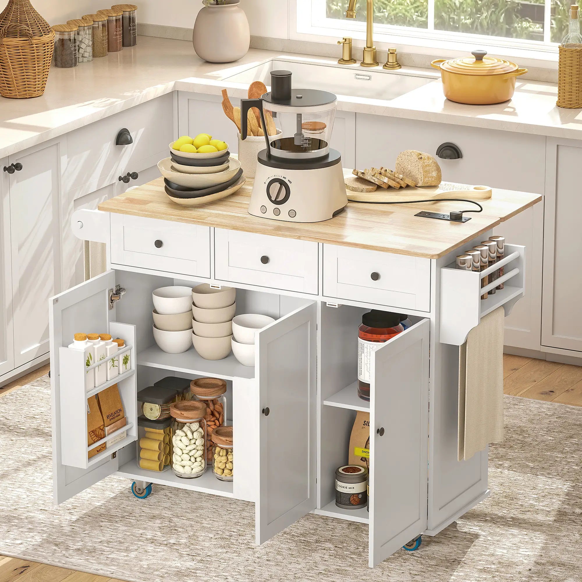 Kitchen Island on Wheels, Drop Leaf, Charging Station, Wood Top, Adjustable Shelf, White Kitchen Islands & Kitchen Carts at Gallery Canada