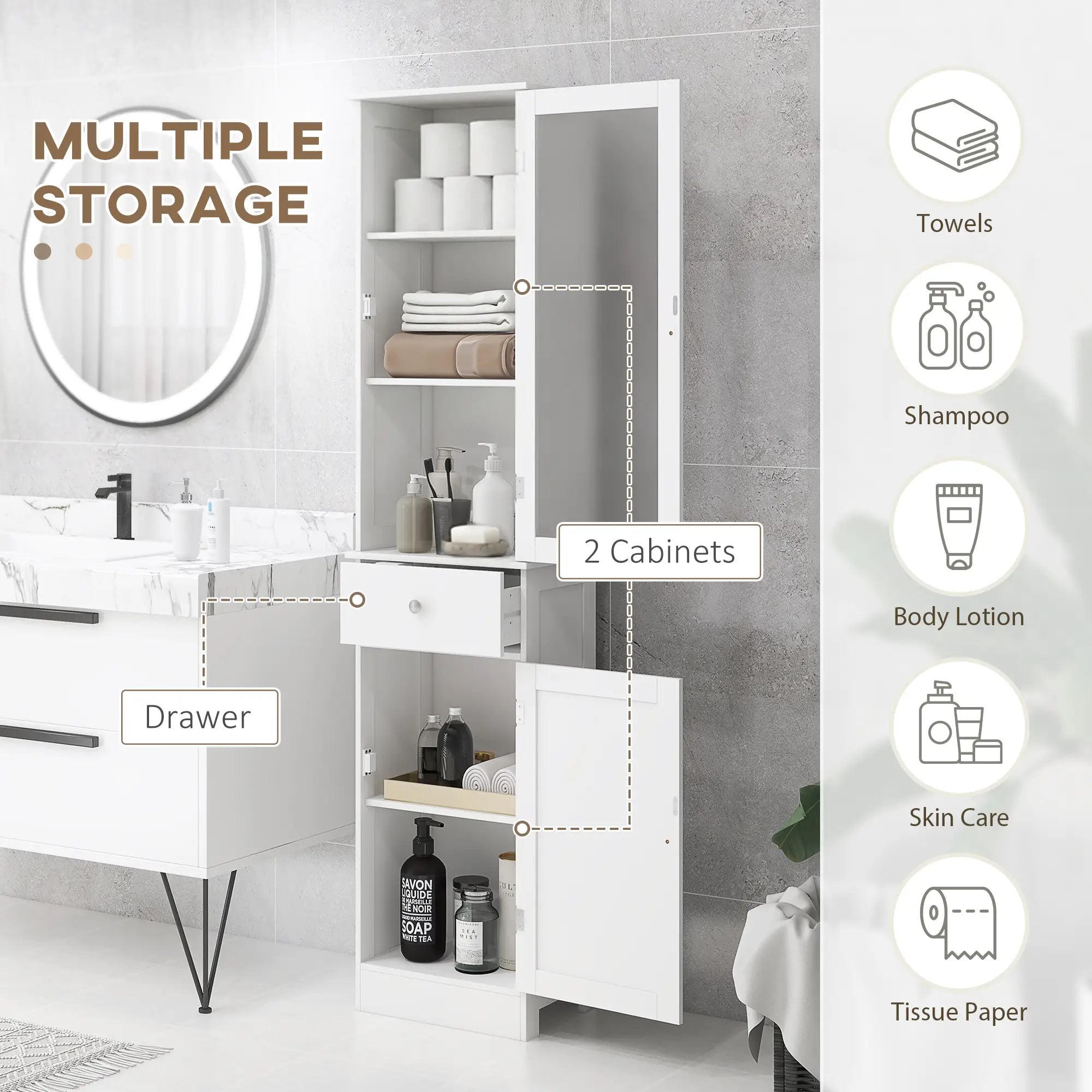 Tall Bathroom Storage Cabinet, 2 Doors, Adjustable Shelves, White Bathroom Cabinets at Gallery Canada