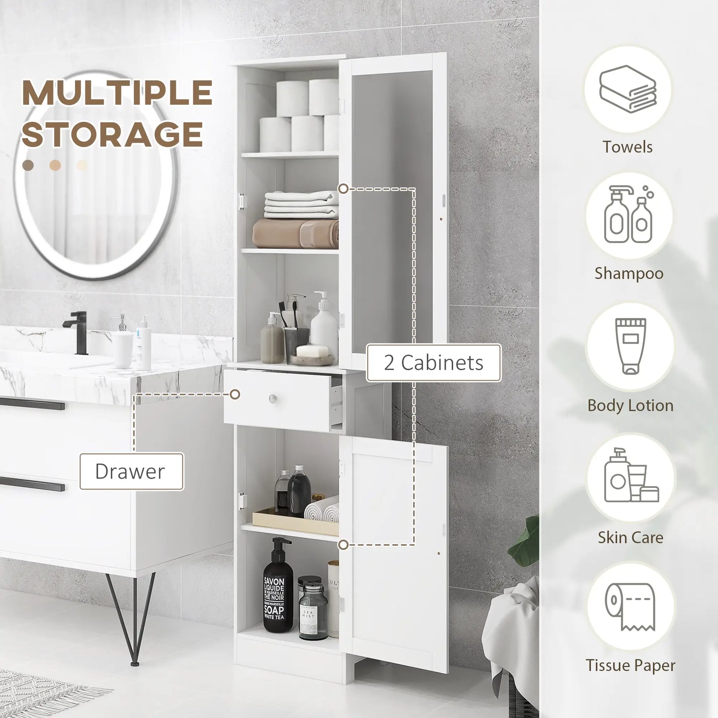 Tall Bathroom Storage Cabinet, 2 Doors, Adjustable Shelves, White Bathroom Cabinets at Gallery Canada