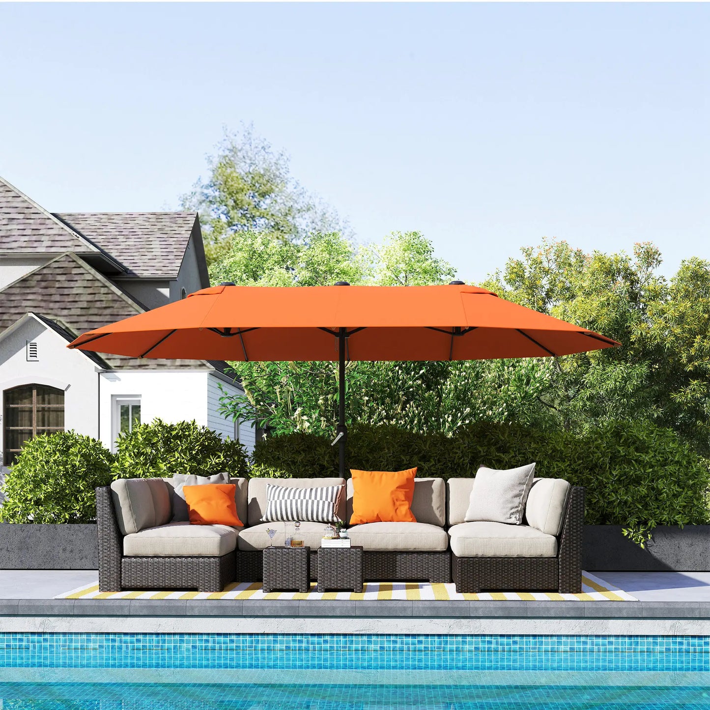 15' Outdoor Patio Umbrella, Twin Canopy Sunshade, Steel Table, Lift Crank, Orange Sun Umbrellas at Gallery Canada