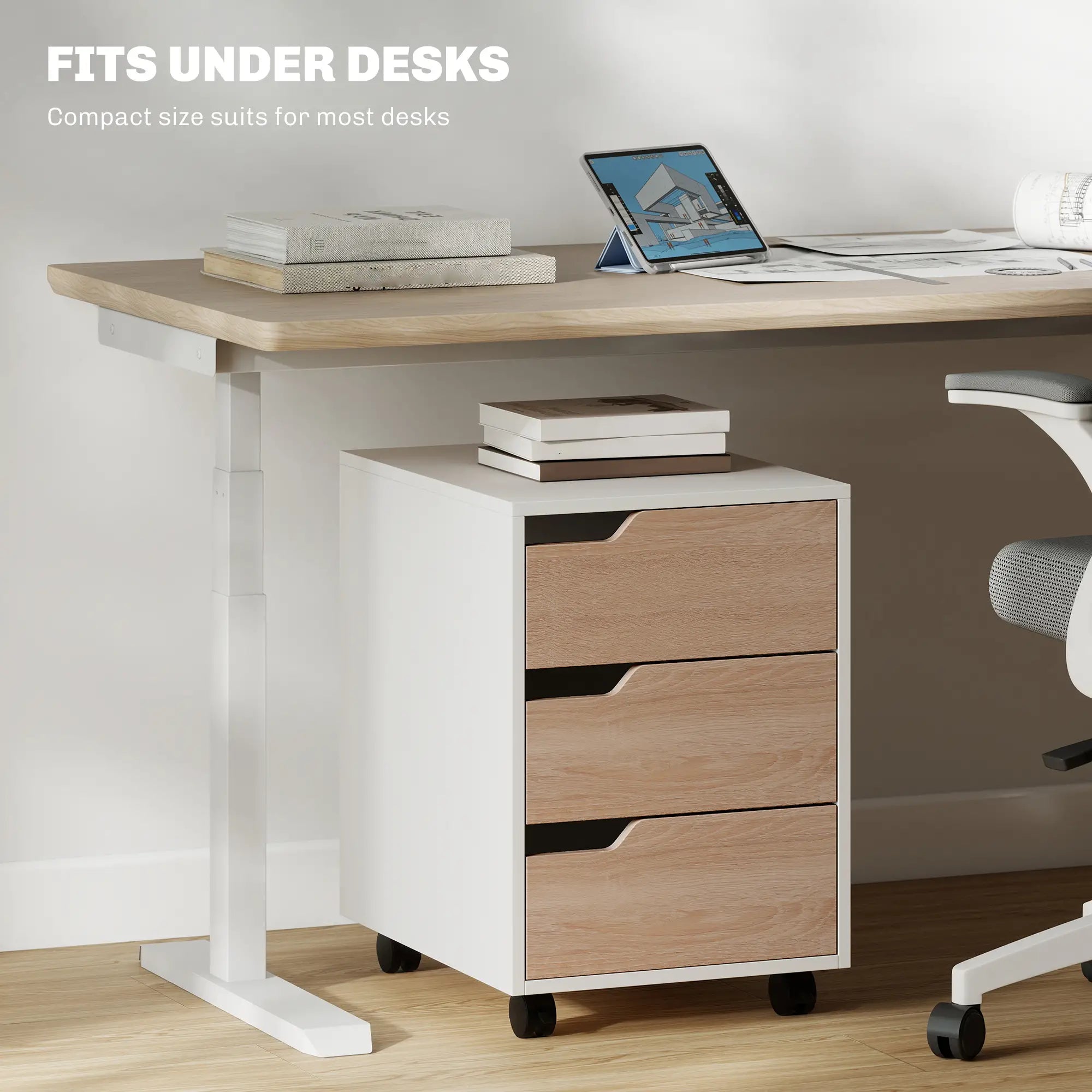 3 Drawer File Cabinet, Mobile Vertical Filing with Wheels, Oak Office Cabinets & Cupboards at Gallery Canada