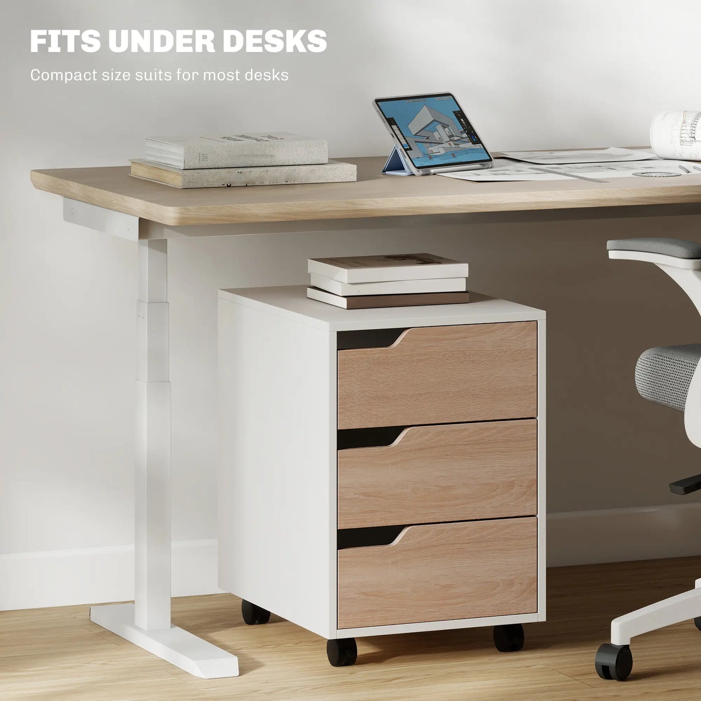 3 Drawer File Cabinet, Mobile Vertical Filing with Wheels, Oak Office Cabinets & Cupboards at Gallery Canada